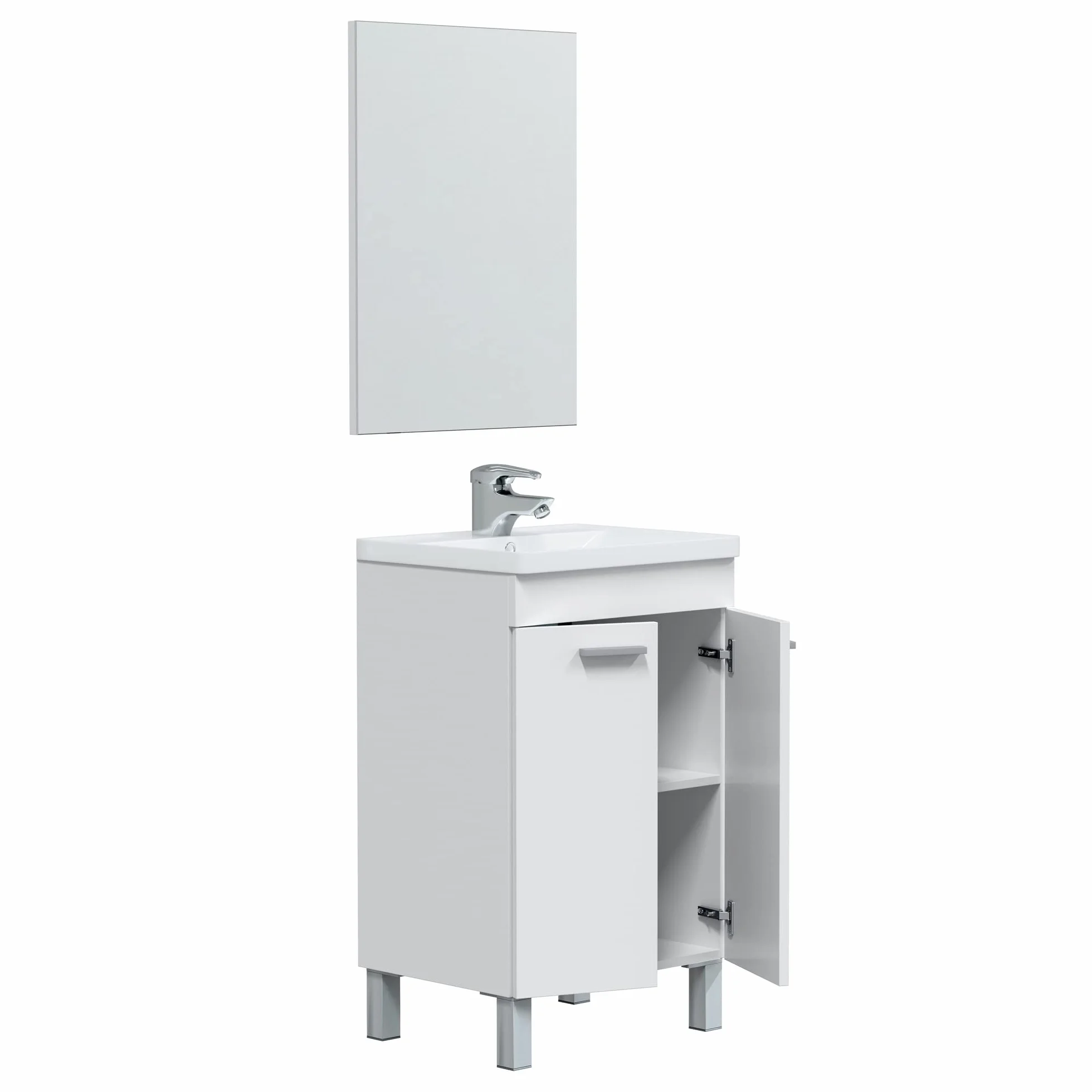 HOMN LIVING Mueble de Baño Levis 2 Puertas y Espejo, Acabado en Blanco Brillo, 50 cm (Ancho) x 40 cm (Fondo) x 80 cm (Alto)