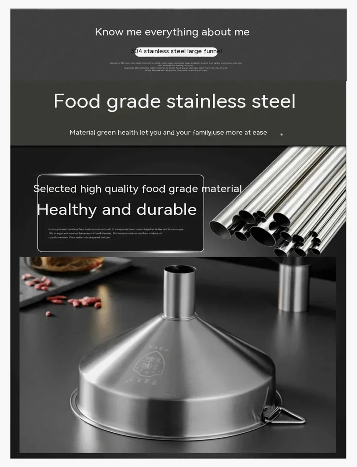 Juego de embudos de Cocina de Acero Inoxidable de Gran diámetro, de Grado Industrial y Boca Extra Ancha for Uso Comercial y doméstico.(304 24 CM)