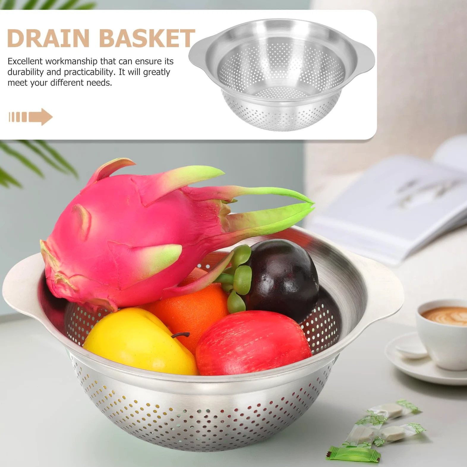 Colador de Cocina de Acero Inoxidable Plata, Cuenco Multiuso | Escurridor para Lavar y Drenar Agua, Cesta para Fideos y Arroz, Uso en Cocina y Frutas