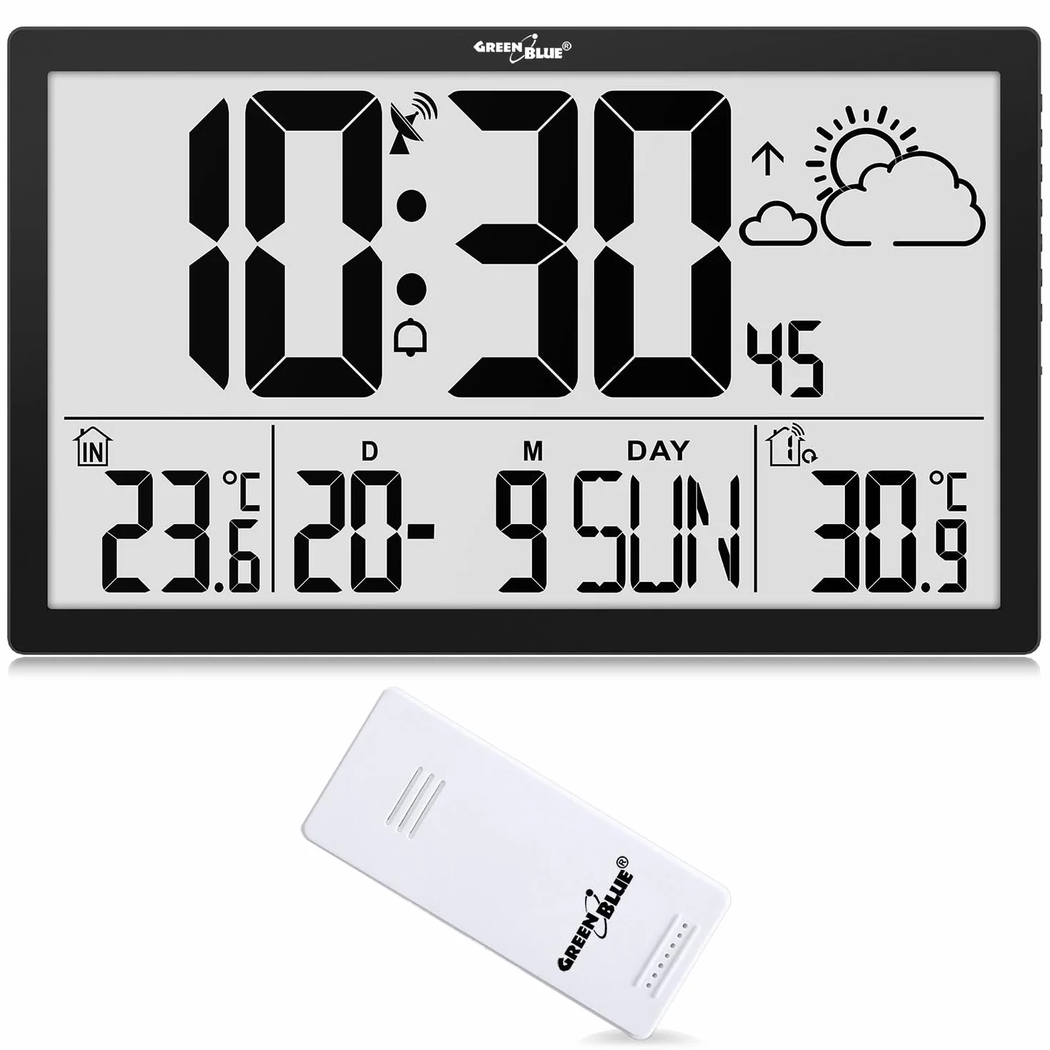 Green Blue GB218 Reloj de Pared Grande Digital con Sensor Exterior, Reloj DCF, Alarma con Función de Repetición, Pantalla LCD, Temperatura Interior y Exterior, Previsión, Dimensiones 37 x 22,5 cm