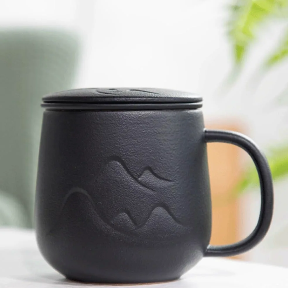 Taza de té Taza con tapa, juego de 1 taza café cerámica filtro interior, capacidad 11.84 oz for la oficina o for regalar a personas mayores(Negro)