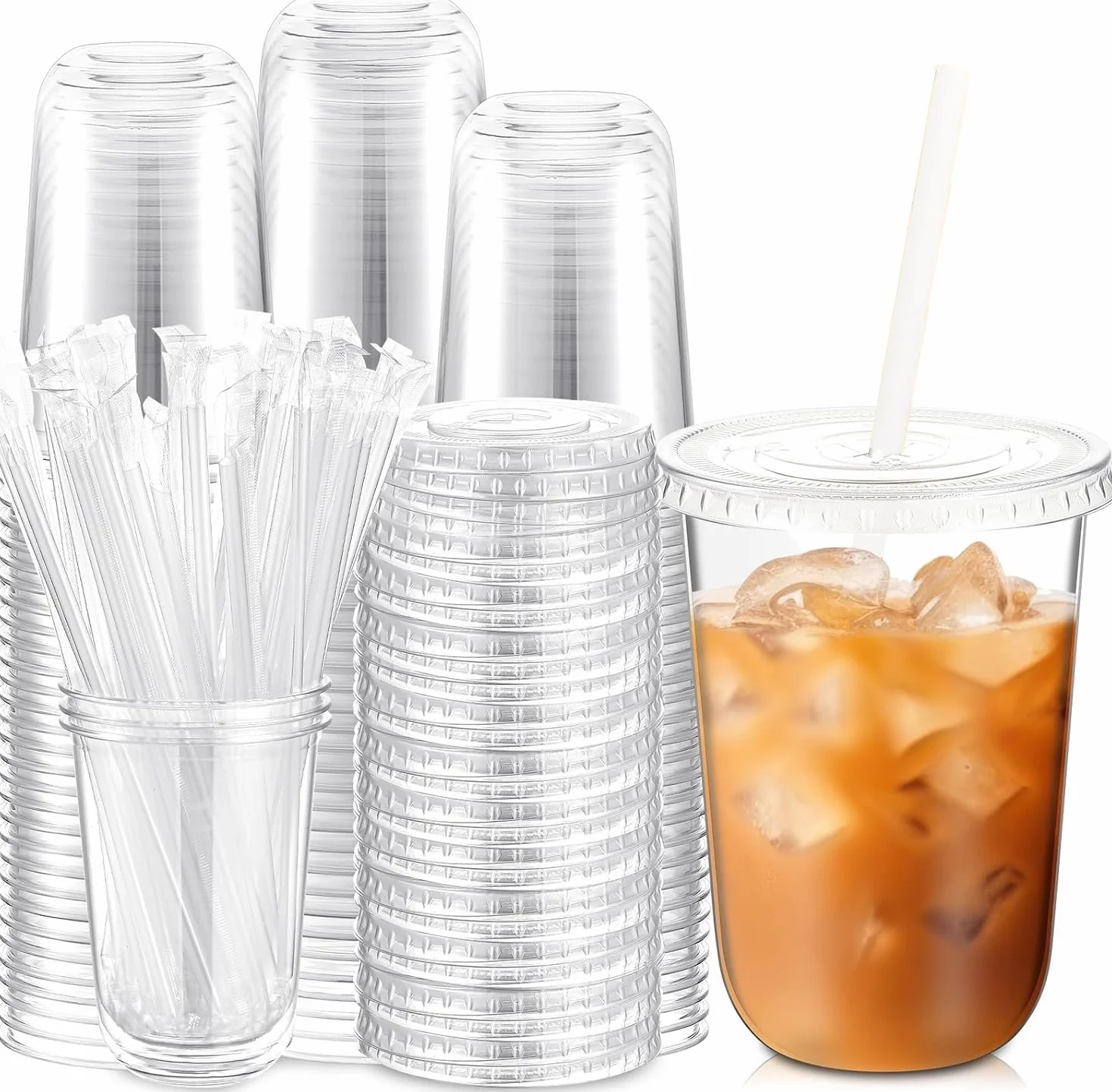 KAHEIGN 50 Piezas Vasos de Plástico Transparente con Tapa Y Pajitas de Papel, 480ml Vaso Reutilizable de Plástico para Café Elegantes Vasos para Café Helado Batidos Bebidas Frías Fiestas Catering