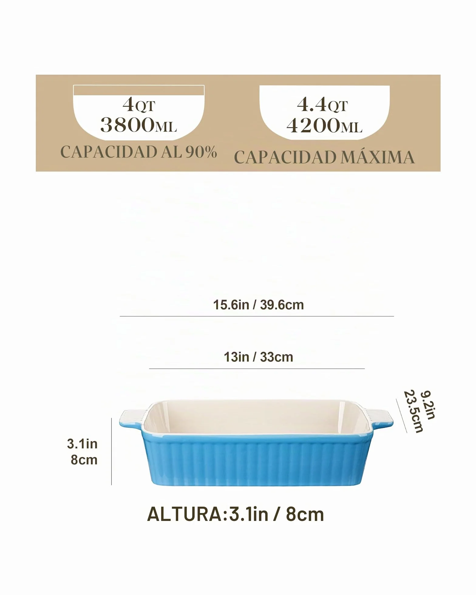 MALACASA Serie BAKE, Fuente Rectangular de Porcelana para Horno de 4200 ml, Fuente Grande para Horno con Asas para Gratinados y Guisos, Apta para Lavavajillas, Color Azul