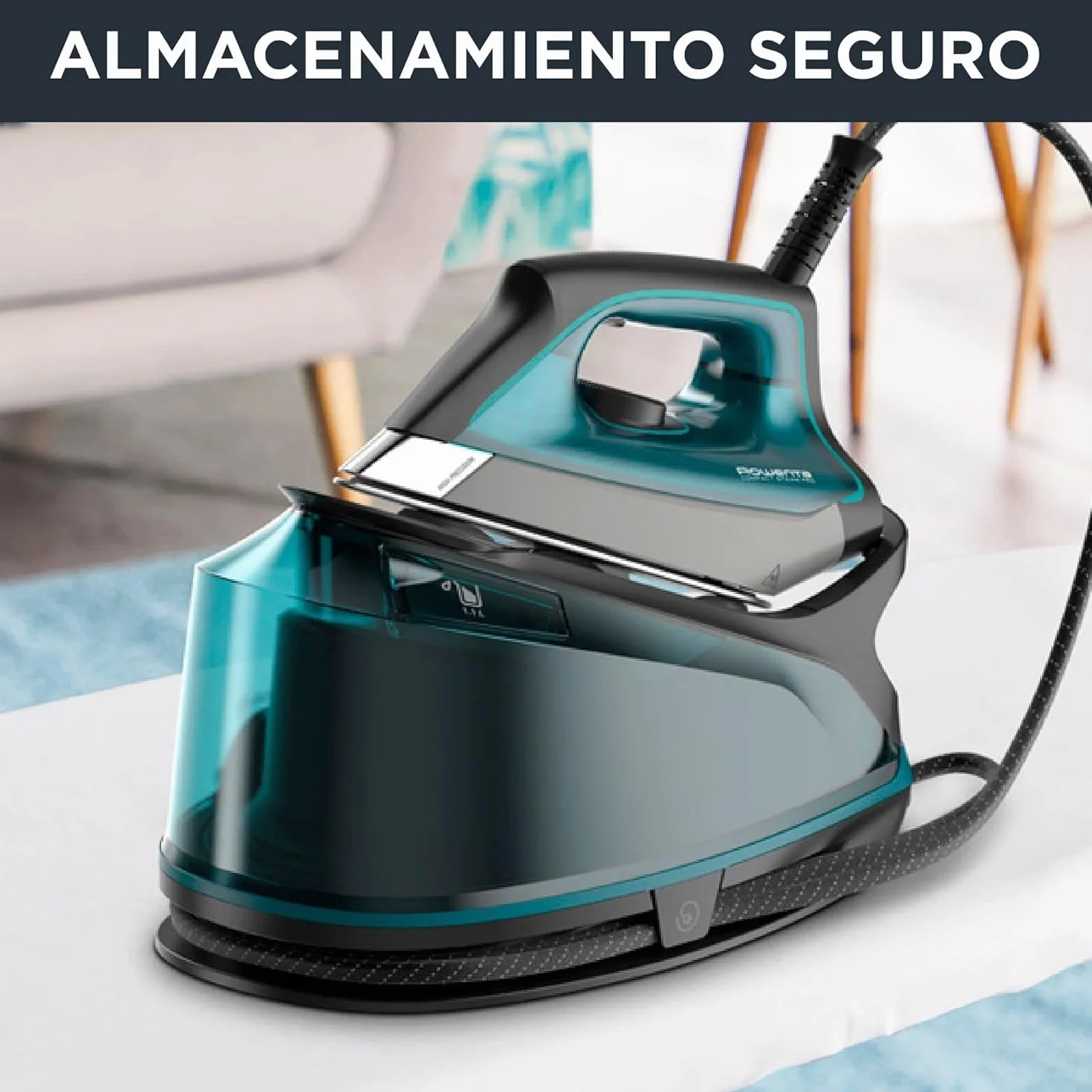 Rowenta Compact Steam Pro Centro de planchado, 6.3 bares de presión, golpe de vapor de 325 g/minuto, suela antiarañazos deslizante, sistema eco, Color Azul/Negro DG7623