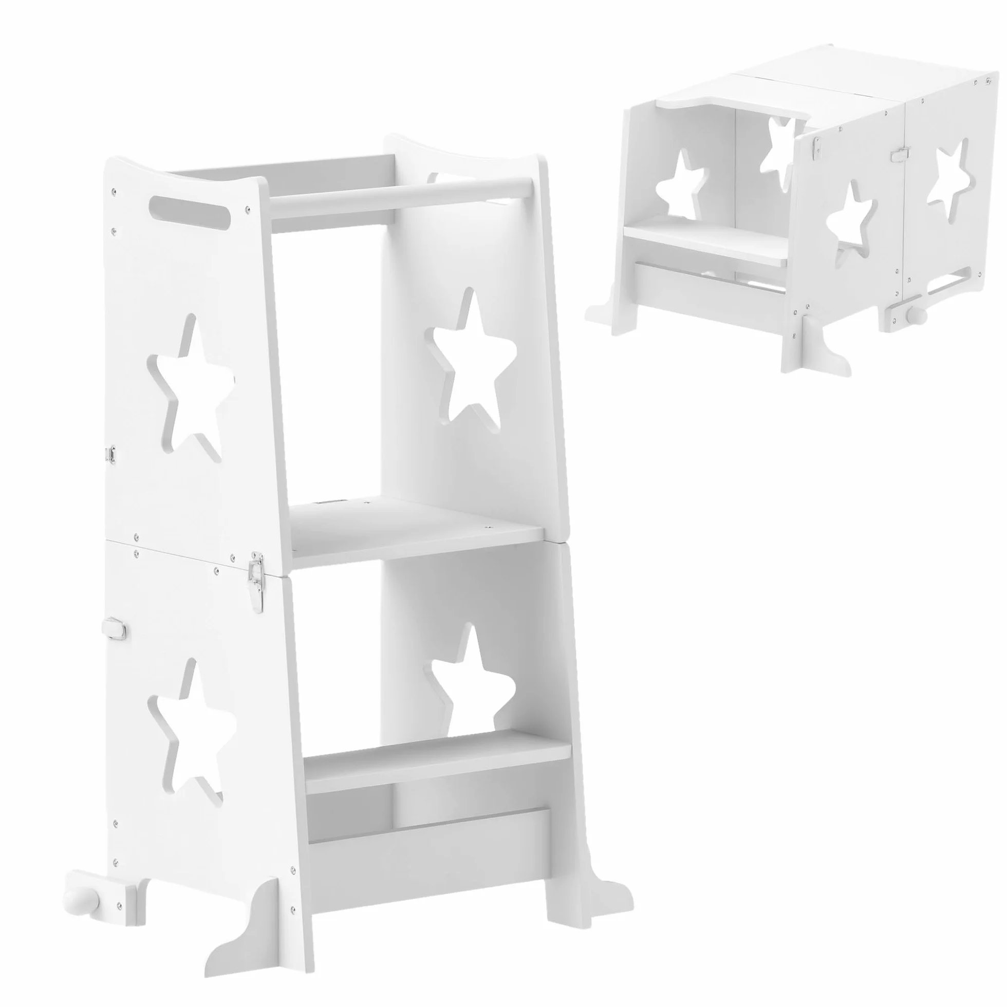 AIYAPLAY Torre de Aprendizaje 2 en 1 Taburete Niños +3 Años Convertible Mesa Silla Barra Seguridad 60x44,5x86 cm Blanco