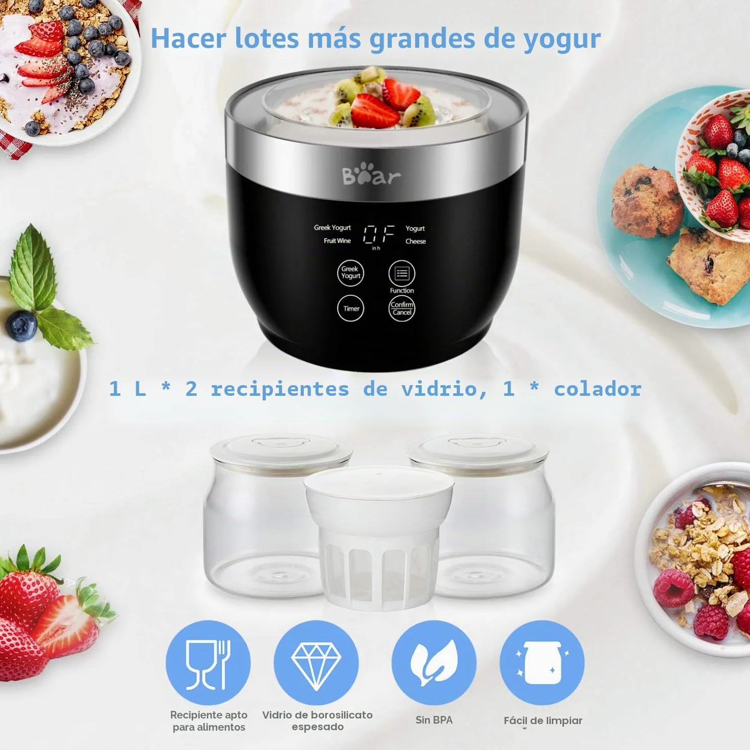 Máquina automática de yogur digital con olla interior de acero inoxidable, 2 tarros de vidrio (1 cuarto de galón) y colador para yogur orgánico en el hogar, color negro