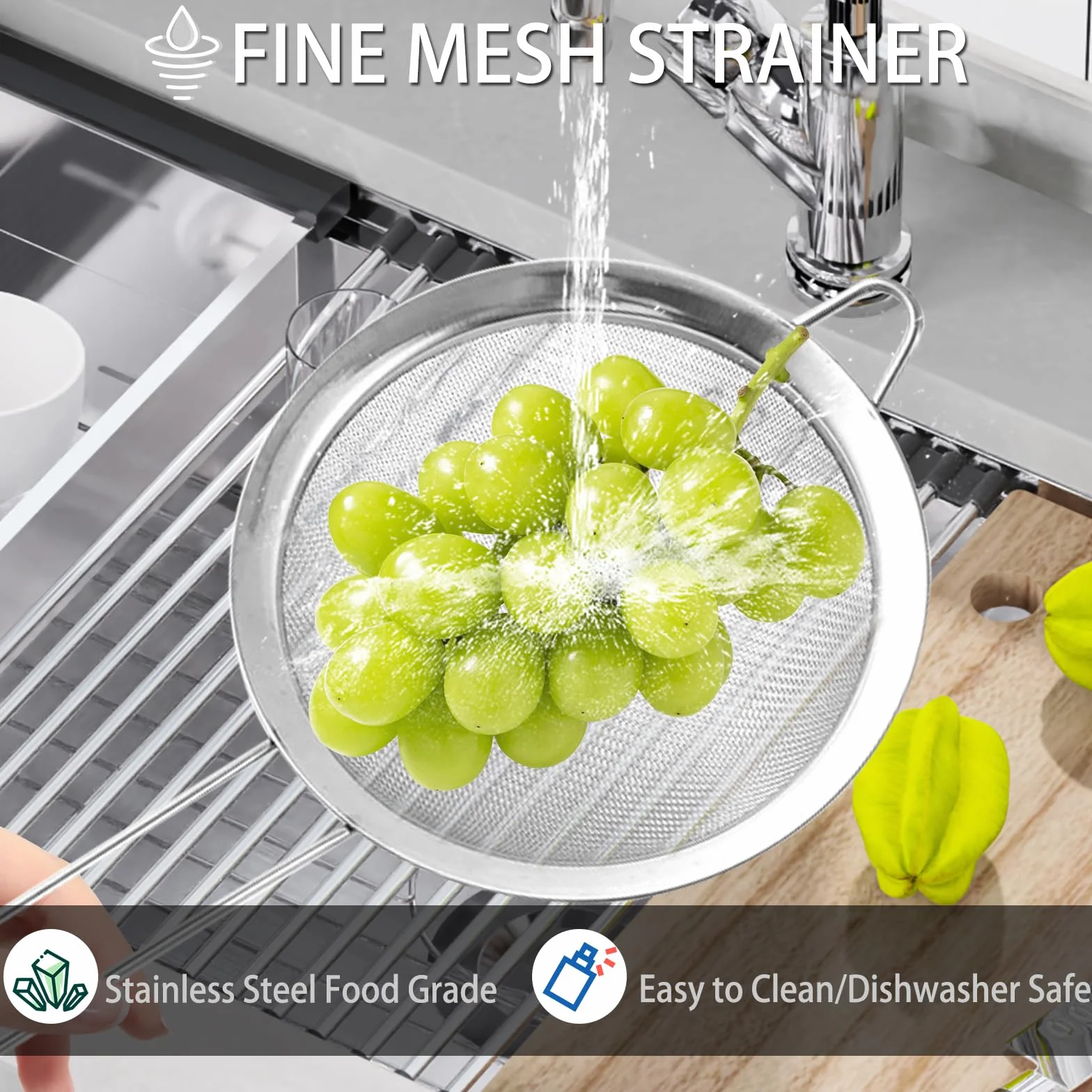 3 Coladores de Malla Fina con Mango de Acero Inoxidable de 22/27,5/35 cm de Diámetro, GeeRic Filtro duradero para Escurrir Pasta, Frutas, Verduras y Postres, Así como para Tamizar Harina
