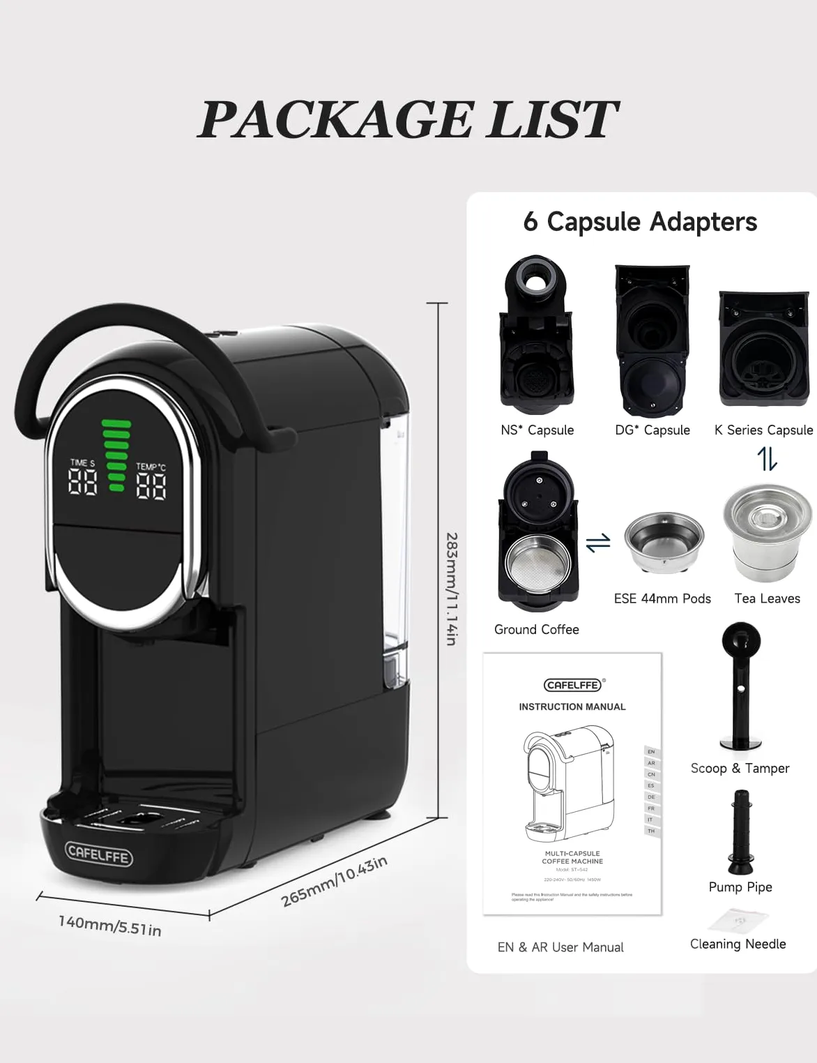 CAFELFFE MK-609S 6 en 1, 20 bares con alivio automático de la presión, control de temperatura y cantidad de café, 6 opciones de adaptador para cápsulas, hojas de té y café molido, 1450 W, color negro