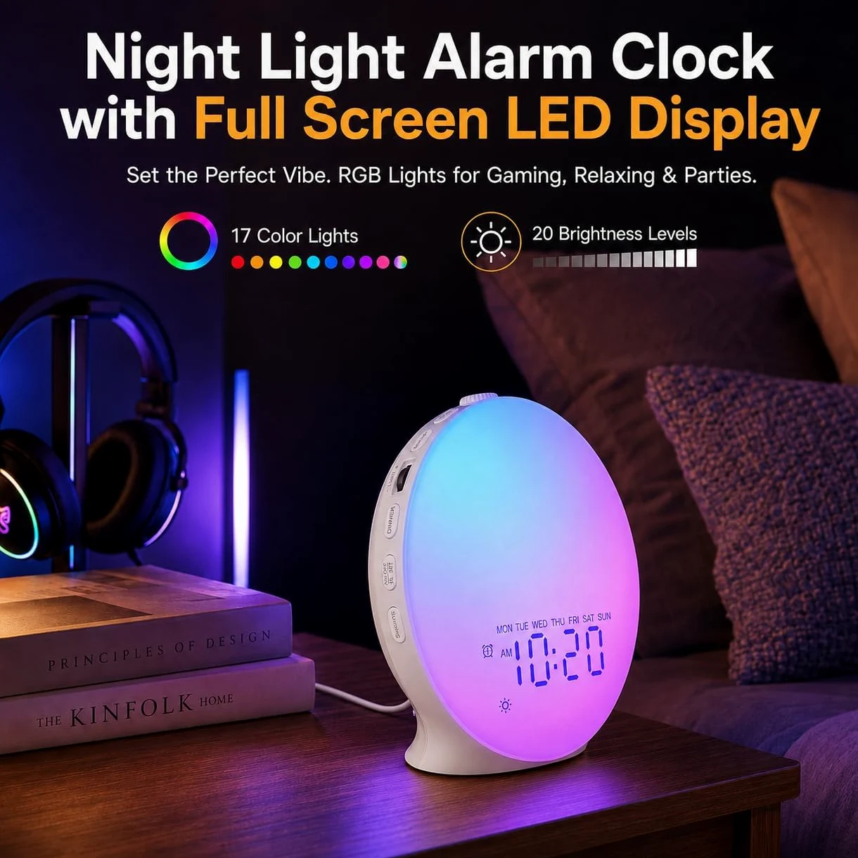 JALL Despertador de luz diurna, despertador con luz al amanecer, máquina de ruido blanco con 22 sonidos, 17 luces nocturnas, altavoz Bluetooth y temporizador de sueño para adultos, niños y dormitorios