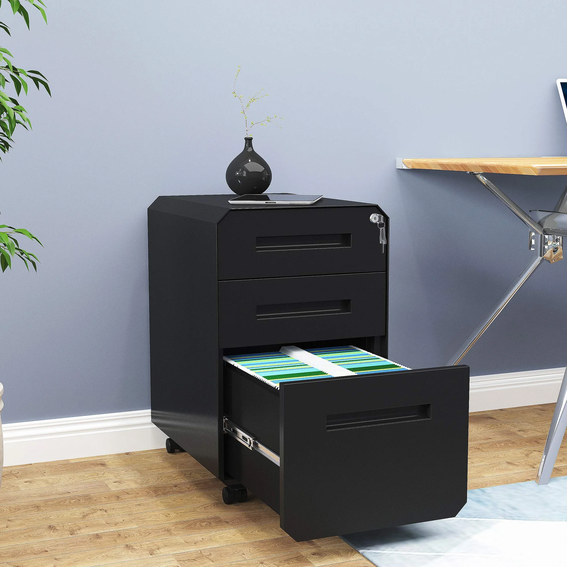YITAHOME Armario Archivador con 3 Cajones, Cajonera de Oficina Móvil con Ruedas, Metalico Mueble Oficina Archivador con Cerradura y Llave para Carta/A4, Negro, 51 x 40 x 64cm