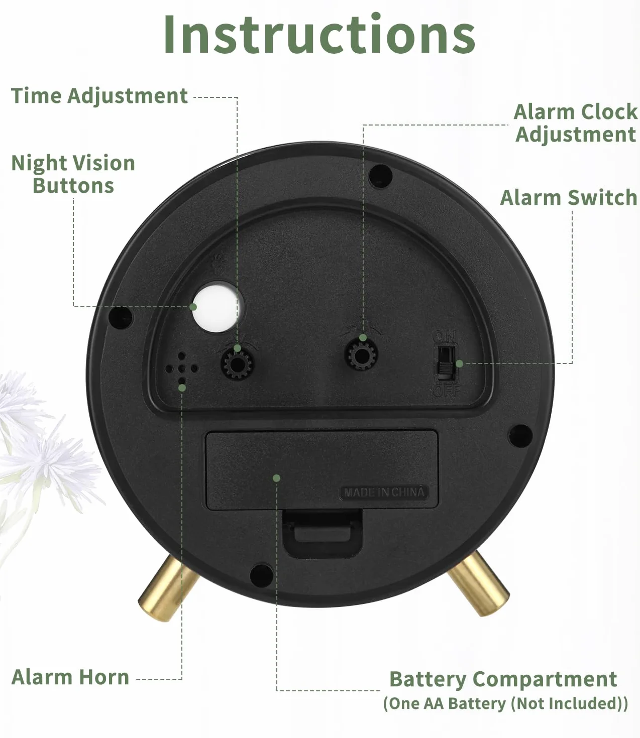 Reloj Despertador Analógico de Metal Redondo Verde Silencioso sin Tictac con Luz Nocturna para Dormitorio, Oficina y Viajes