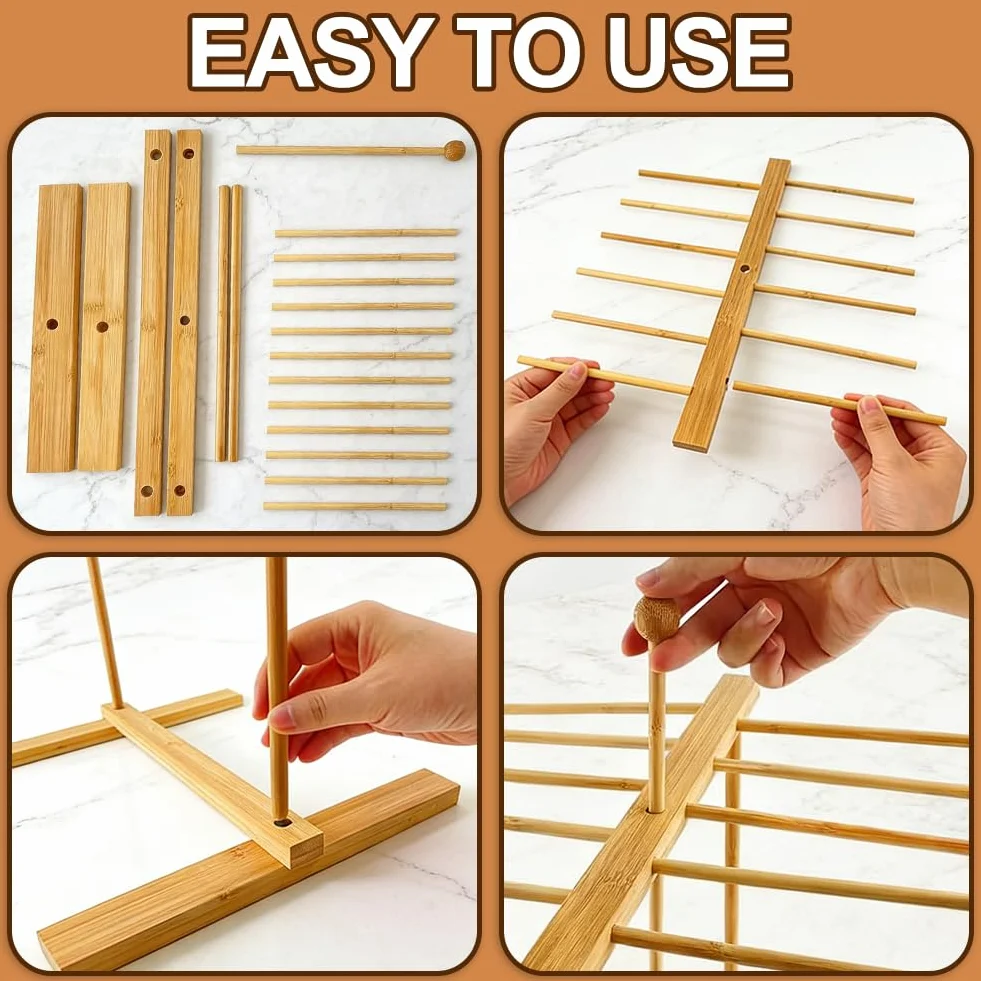 FARYODI Soporte para pasta de madera, secador de pasta con 12 varillas, soporte para pasta de secado, estante reutilizable para pasta, secador de pasta plegable de madera con barra de transferencia