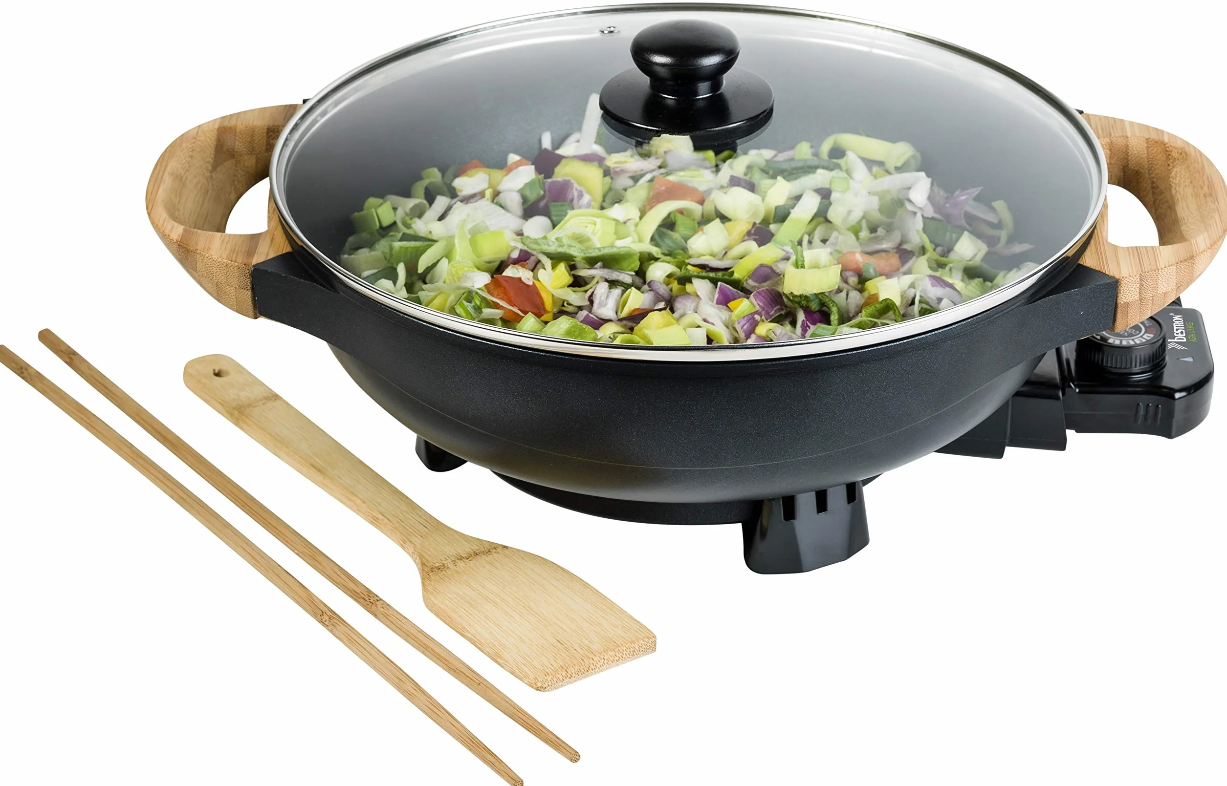 Bestron AEW100AS Wok eléctrico con asas de bambú, sartén wok XL con tapa de cristal en diseño asiático, incluye espátula de bambú, 2 palillos de cocina y libro de recetas, 1500 W, color negro, metal,