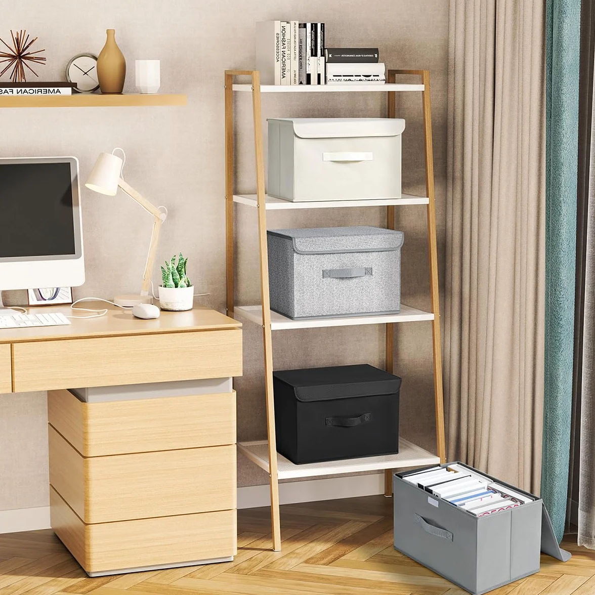 DIMJ 4 Piezas Cajas Organizadoras con Tapa Cajas de Almacenamiento Plegables Fabricadas en Tela con Asas Ideal Para Guardar Ropa, Zapatos, Ideal Para Guardar Juguetes, Ropa Y Cachivaches, Negro