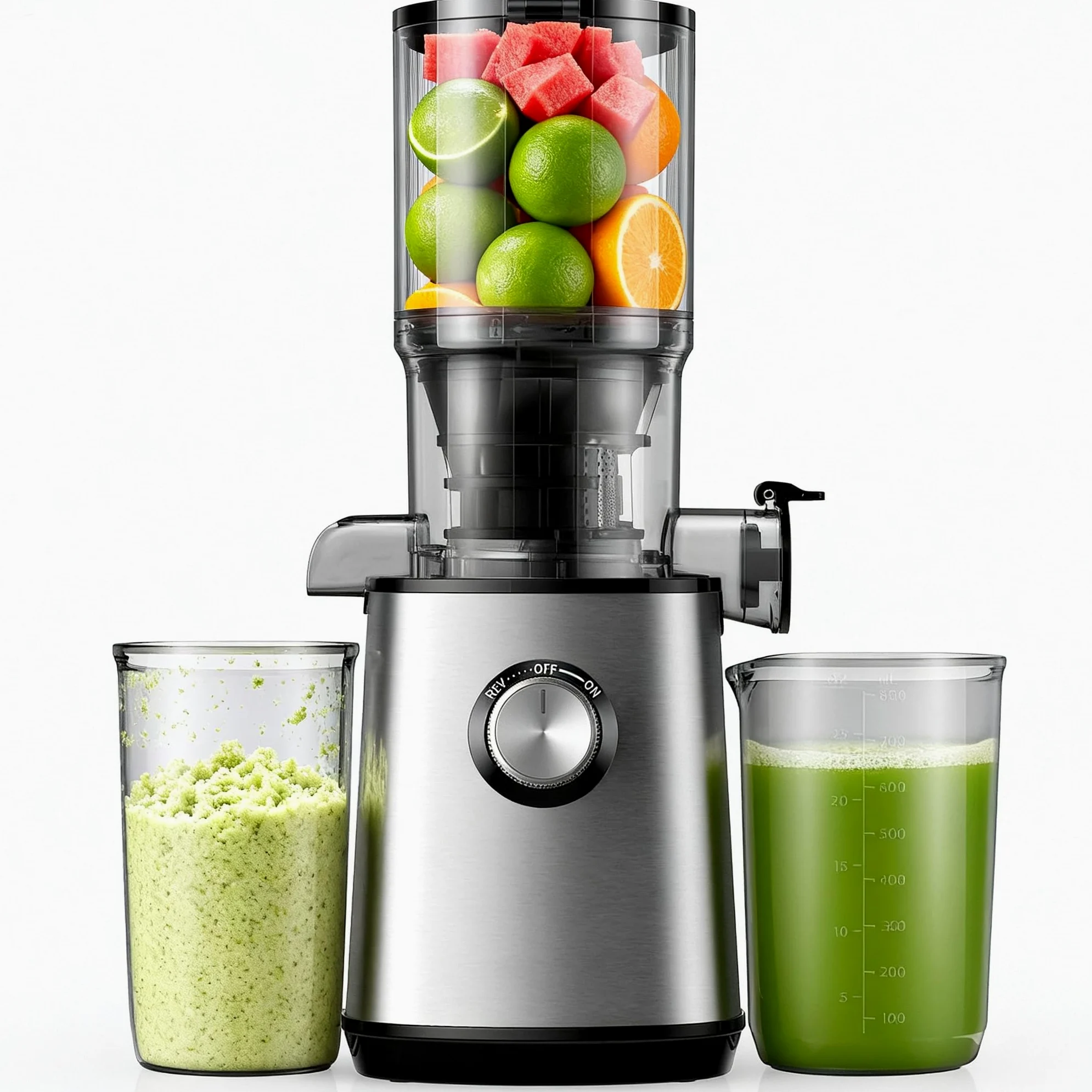 Exprimidor de prensa en frío con canal de alimentación grande de 110 mm, máquinas exprimidoras masticables para frutas y verduras enteras, exprimidor lento de alimentación automática con bajo ruido