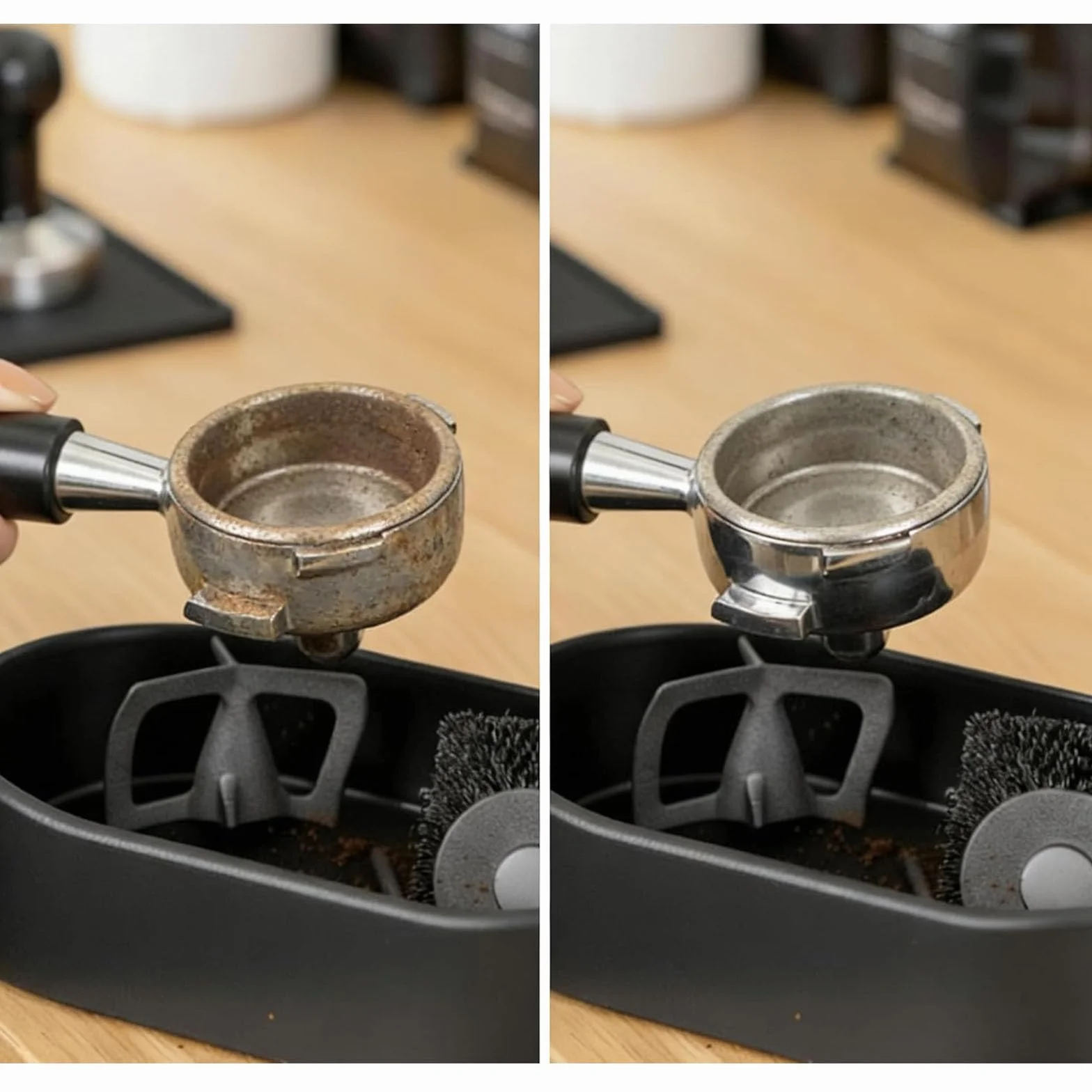 Kit de Limpieza de portafiltro de café, Soporte de Limpieza de Espresso Premium, Cepillo de Limpieza Profunda y Bandeja antiderrames, Limpiador automático de portafiltro para 51/53/58 mm (2pcs)