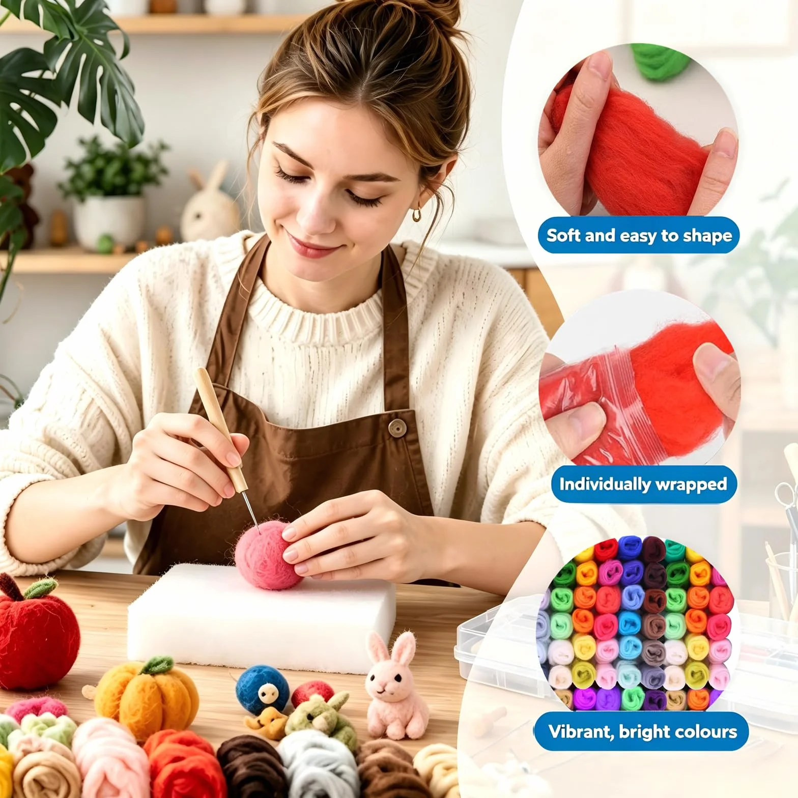 Juego de Lana de Fieltro De 72 Colores Para Manualidades, Kit Afieltrado Principiantes Con 3 Tamaños Agujas Fieltro, Mango Madera Reforzado Anti-Afloje y Caja Plástica, Lana Merino Para Remendar