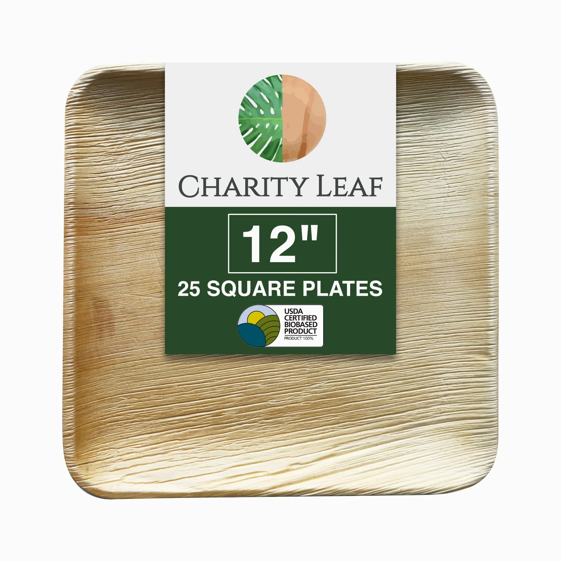 Charity Leaf Platos cuadrados desechables de hoja de palma de 12 pulgadas (25 piezas) de bambú como platos para servir, tablas desechables, vajilla ecológica para bodas, catering, eventos