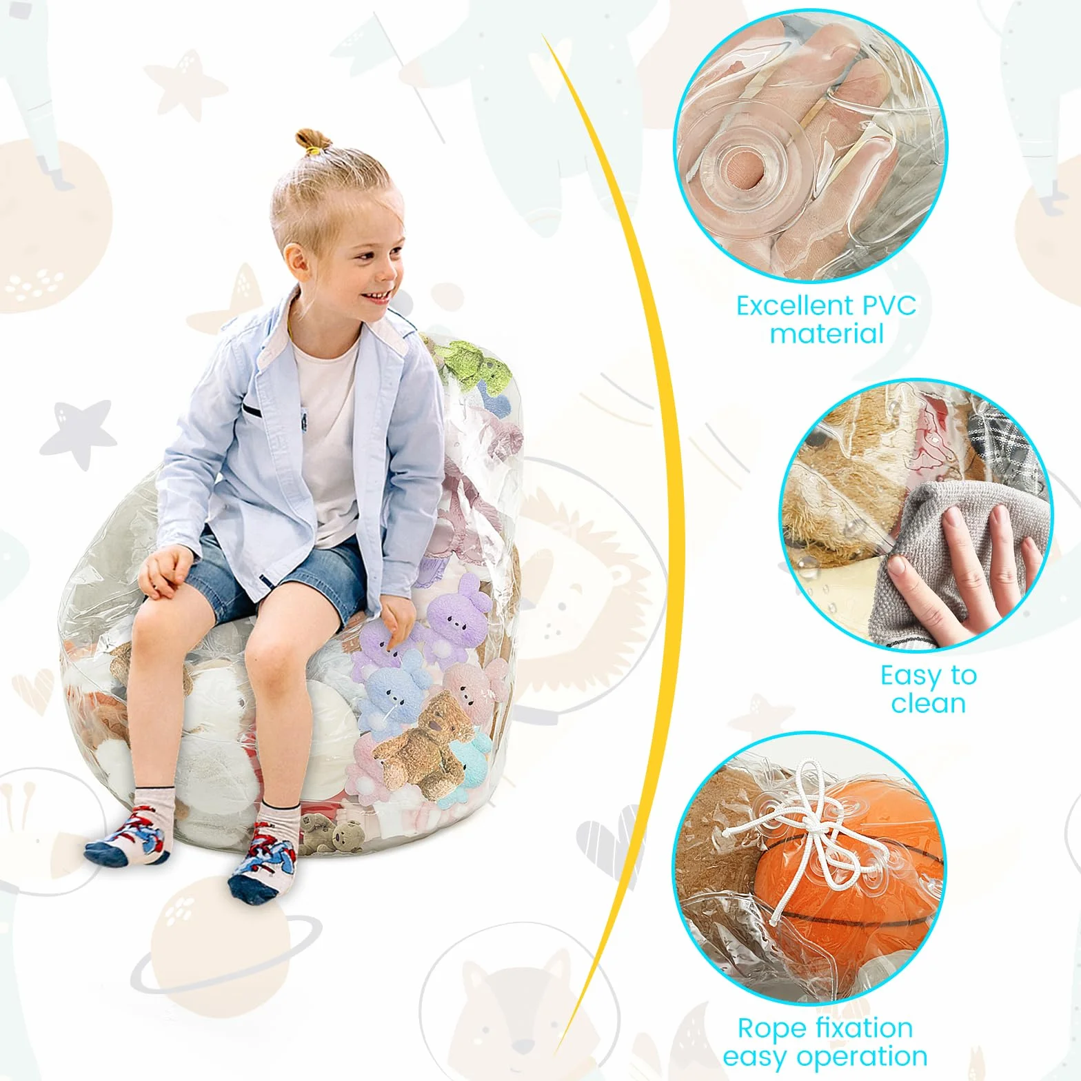 Funda para puf de silla para guardar peluches, tamaño grande, soporte para juguetes de peluche, organizador de habitación infantil y sillón de lectura (solo bolsa)