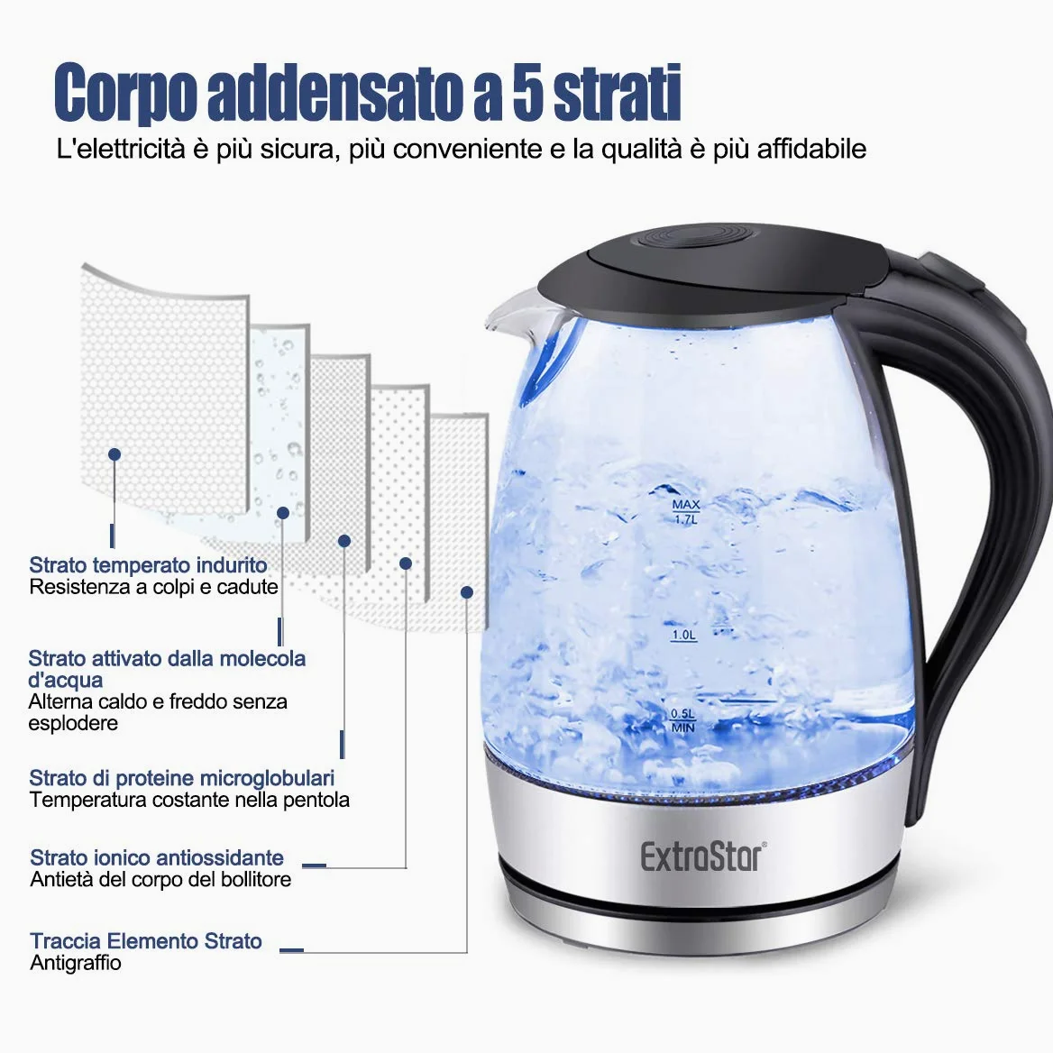 EXTRASTAR Hervidor de agua eléctrico, hervidor con luz indicadora LED azul, hervidor eléctrico sin BPA con apagado automático y protección contra ebullición en seco Acero Inoxidable 1.7L
