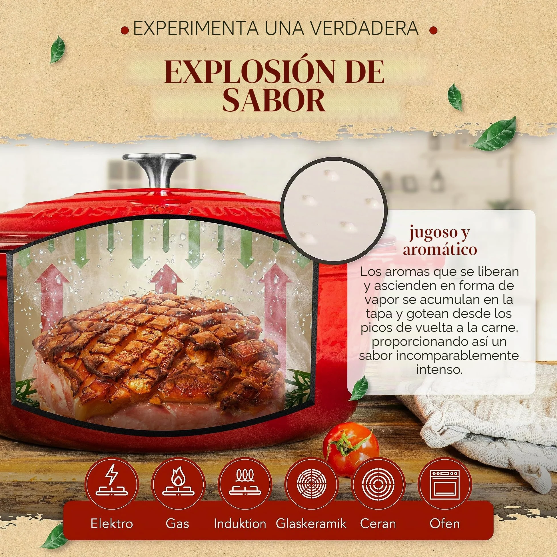 KRUSTENZAUBER Cacerola de hierro fundido con tapa, 33 cm, apta para horno, incluye tenedor de carne, 6 l, esmaltado, olla XL de hierro fundido, olla ideal para cocinar Kazan, para inducción, ovalada
