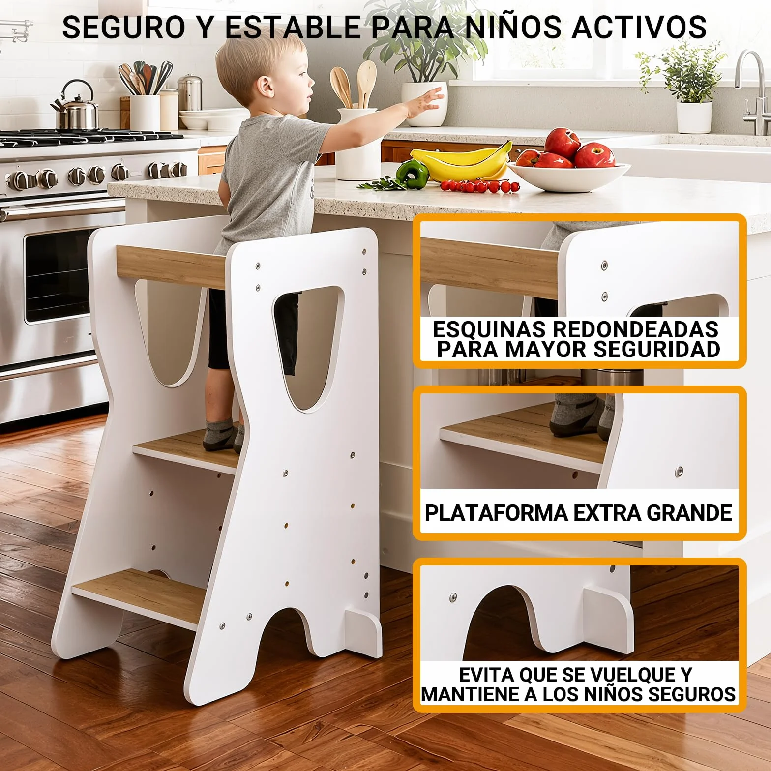 COSYLAND Torre de Aprendizaje Montessori Madera Altura Ajustable 3 Niveles Barandillas Seguridad Natural Blanco