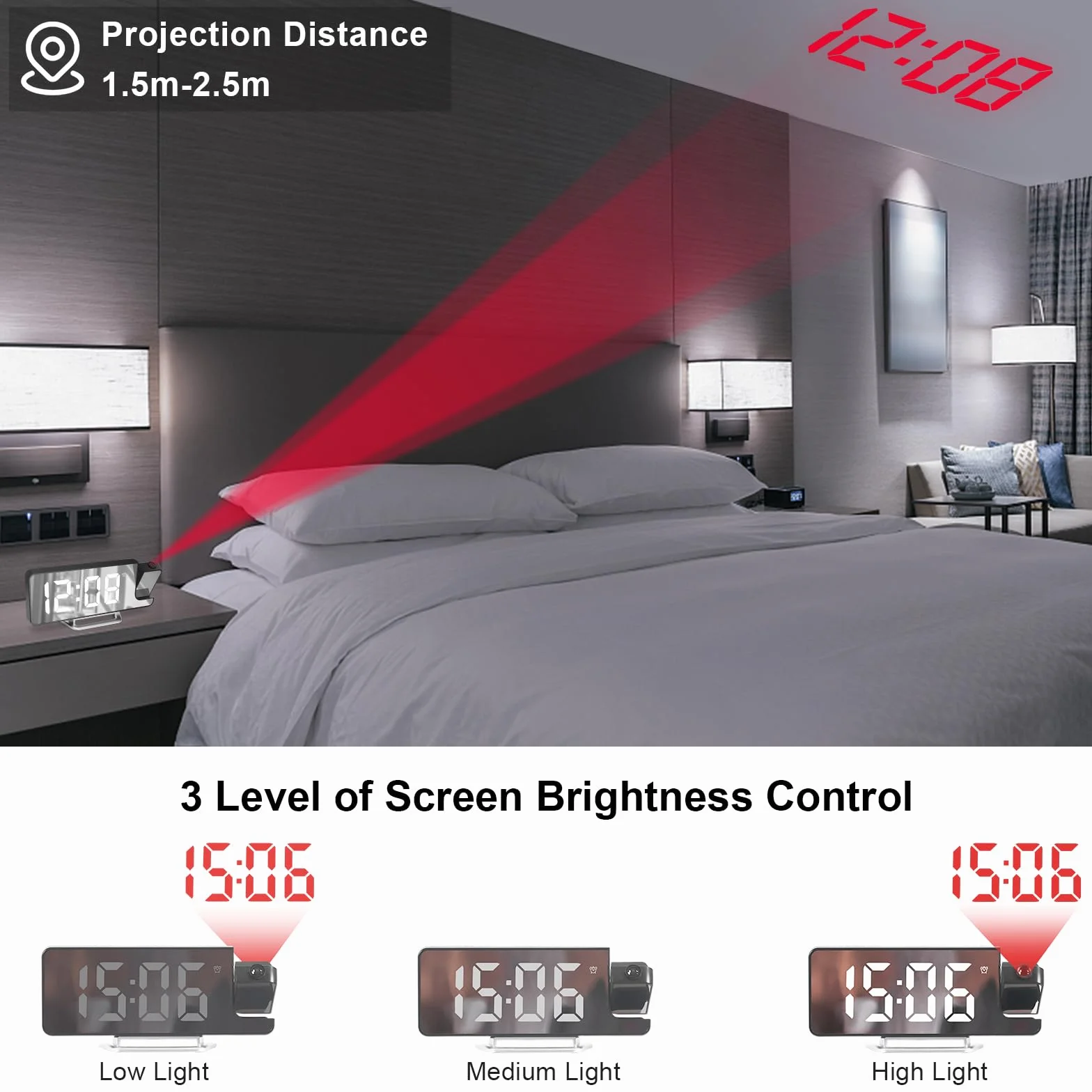 Cuteefun Reloj Despertador Digital con Proyector, Despertador Inteligente con Temperatura, Snooze, 12/24H, Brillo Ajustable, Reloj Proyector Techo para Dormitorio, Números de Blanco