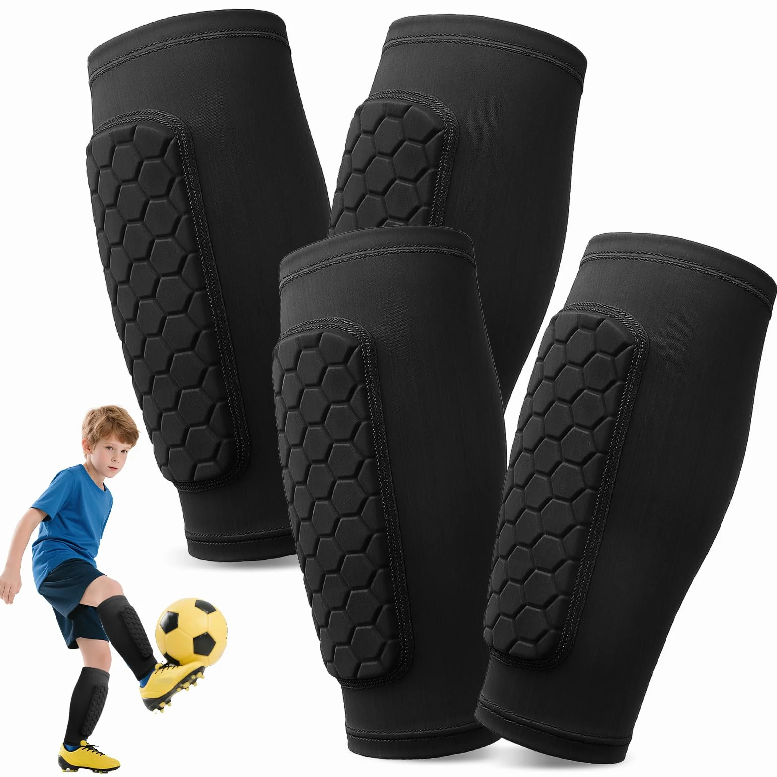 Pardofelis 2 Pares Espinilleras de Futbol para Niño, Protección de Pantorrilla Transpirable Antideslizante Anticolisión
