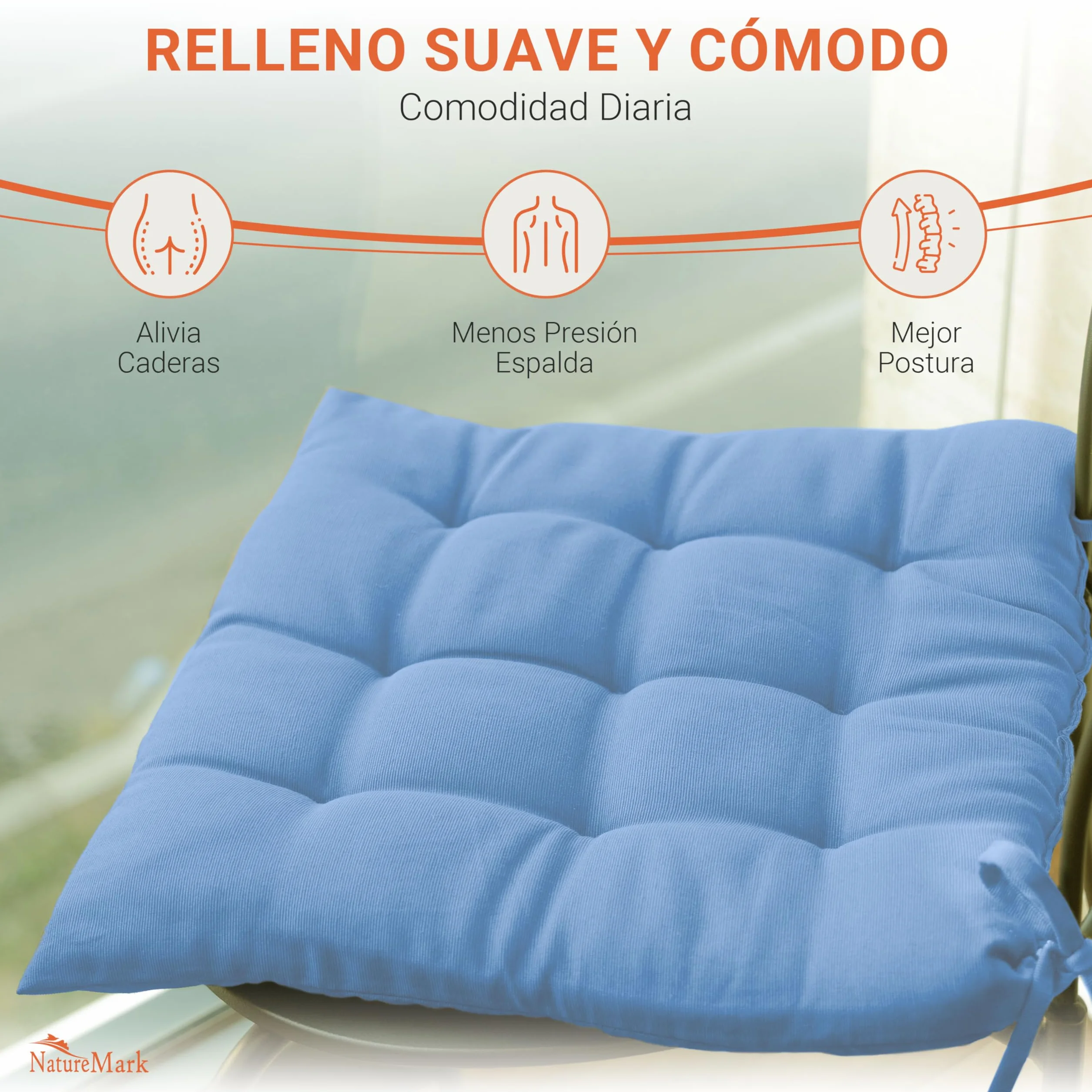 NatureMark Set de 4 Cojines para Sillas con Lazos 40x40 cm – Cojín de Asiento Relleno para Cocina, Jardín y Terraza – Color Azul Claro