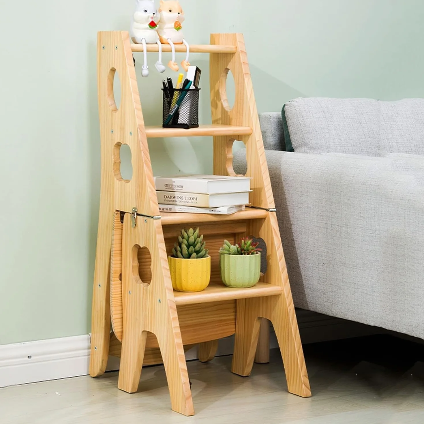 ATAA Silla Escalera de Madera Natural 3 en 1, 4 Peldaños, 88 cm, Taburete Transformable