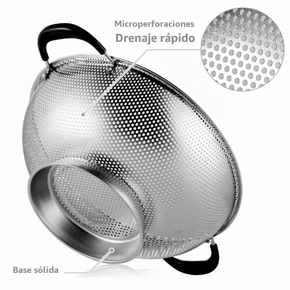 Colador de acero inoxidable 18/8, colador microperforado de fácil agarre de 5 cuartos de galón, colador con asas remachadas y resistentes al calor, sin BPA, aprobado por LFGB. Ideal para pasta, fideos