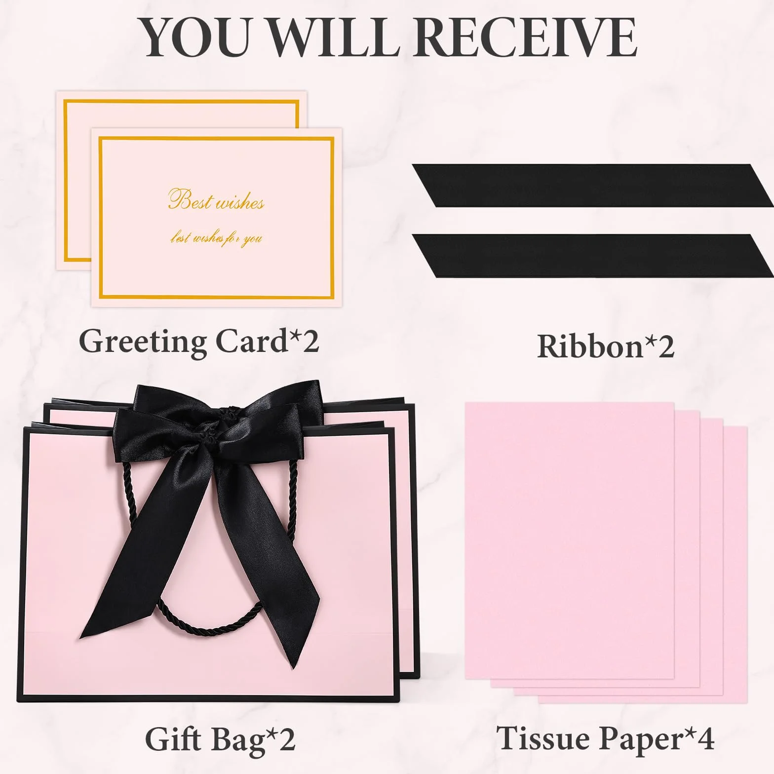 BBLIKE bolsas de regalo con asa - 2 bolsas de regalo + 2 tarjetas de felicitación + 4 papel Sydney, bolsas de papel con asa, envoltorio para regalos, cumpleaños (Rosa Borde Negro)