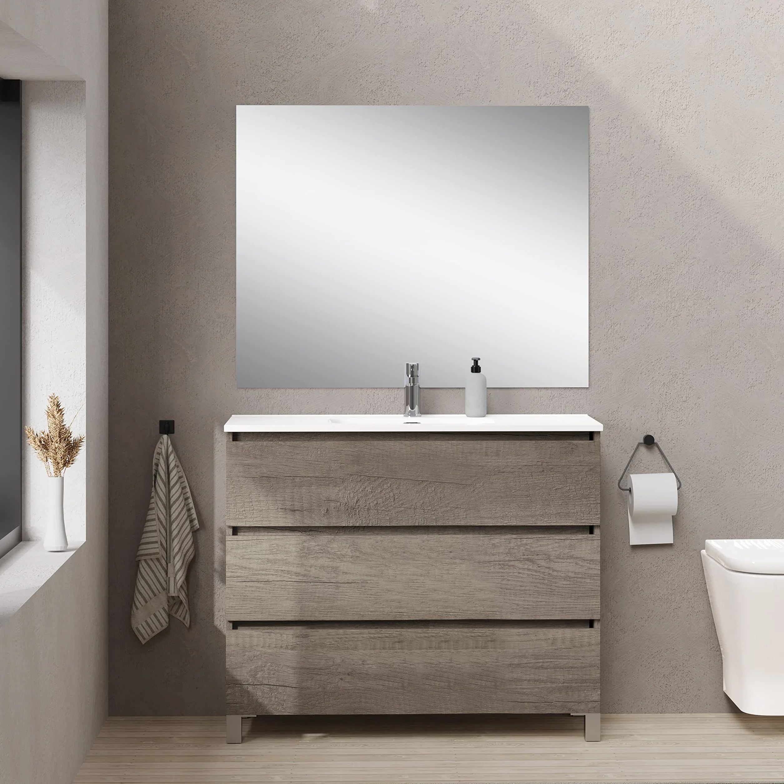 Baikal, Conjunto de baño Natura. Mueble de Baño de Fondo Reducido, con Lavabo cerámico. Distribución Tres Cajones. Mueble MONTADO. Tres Cajones con Espejo. Fondo 39cm 90 cm Nebraska