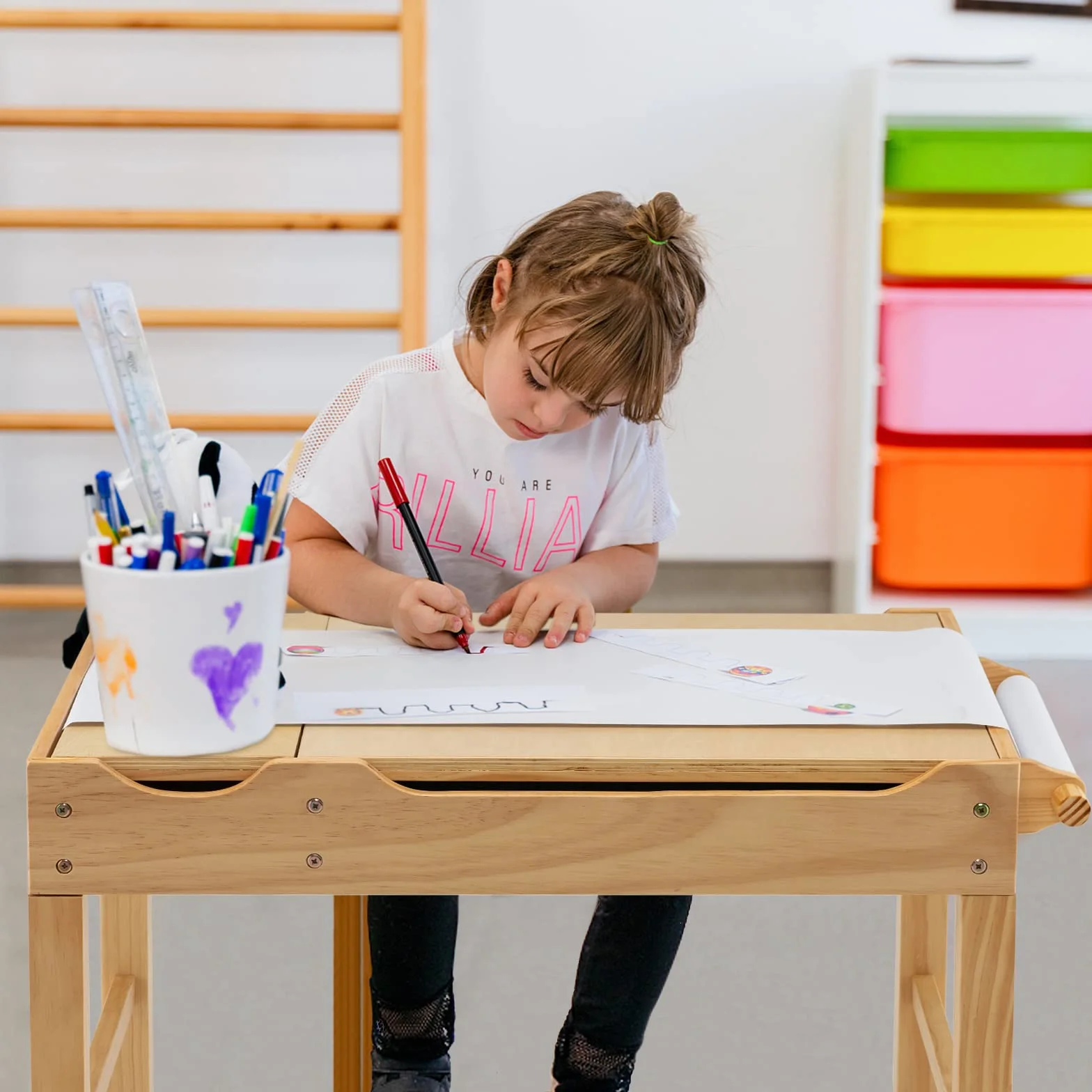GOPLUS Mesa de Actividades 2 en 1 con Tablero Reversible, Mesa de Construcción para Niños de 3+ Años con Espacio de Almacenaje Clasificado, Mesa de Juego de Madera con Barra Lateral, 86,5X60X57CM