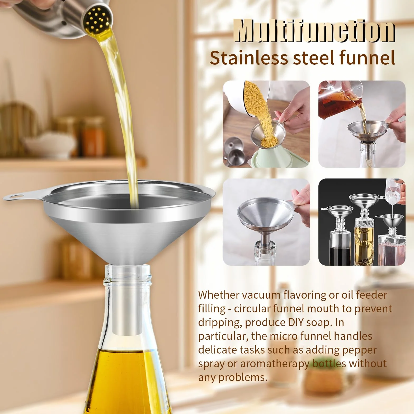 3 Piezas Embudo de Cocina en Acero Inoxidable con Cepillo de Limpieza Embudo Multiusos para Líquidos y Polvos, Diseño Antigoteo para Repostería, Bebidas o Almacenamiento