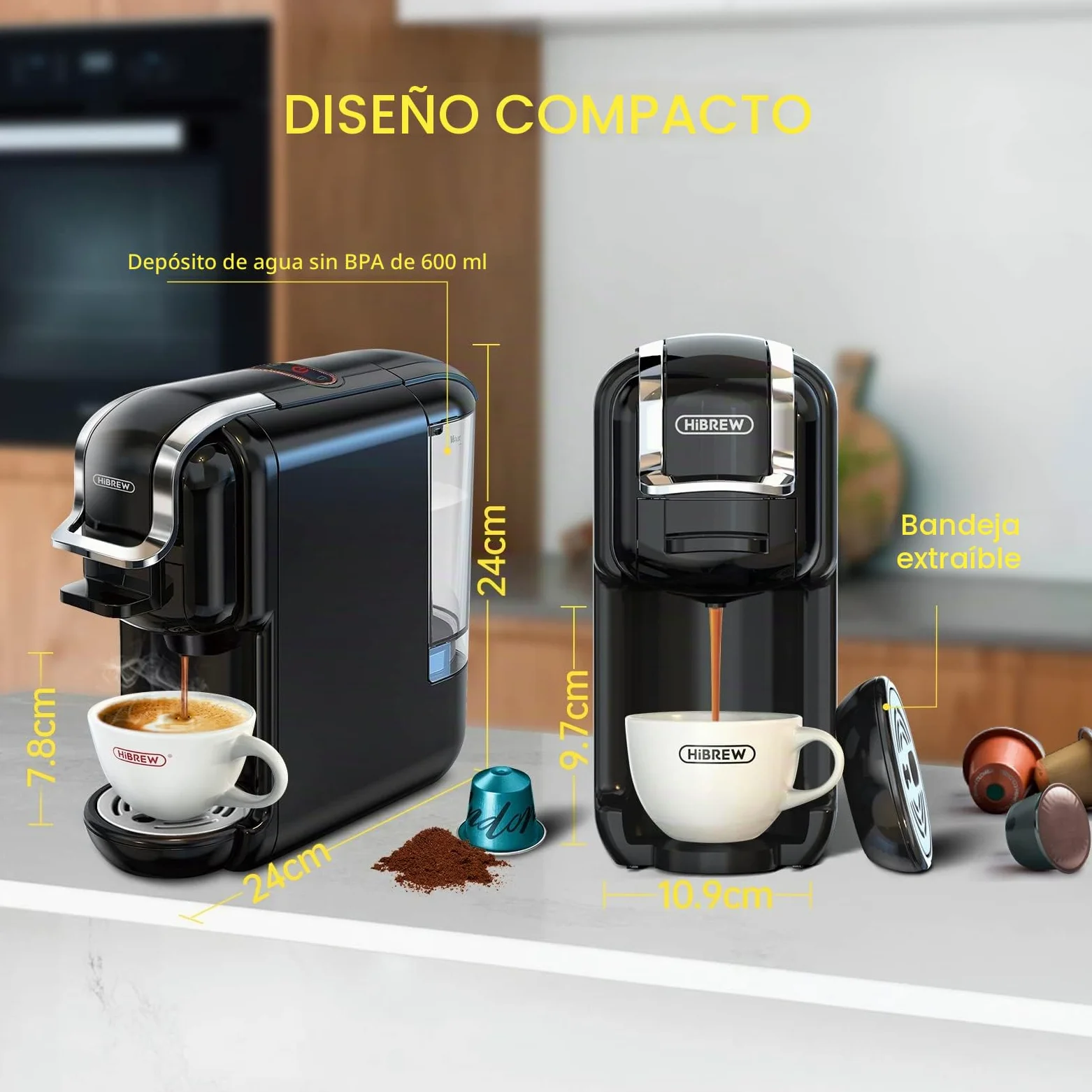 HIBREW- Cafetera multicápsula,Cafetera espresso,Apta para múltiples variedades de café,compatible capsulas DG nes ese pod polvo de café,600ml 1450W,19 Bares…