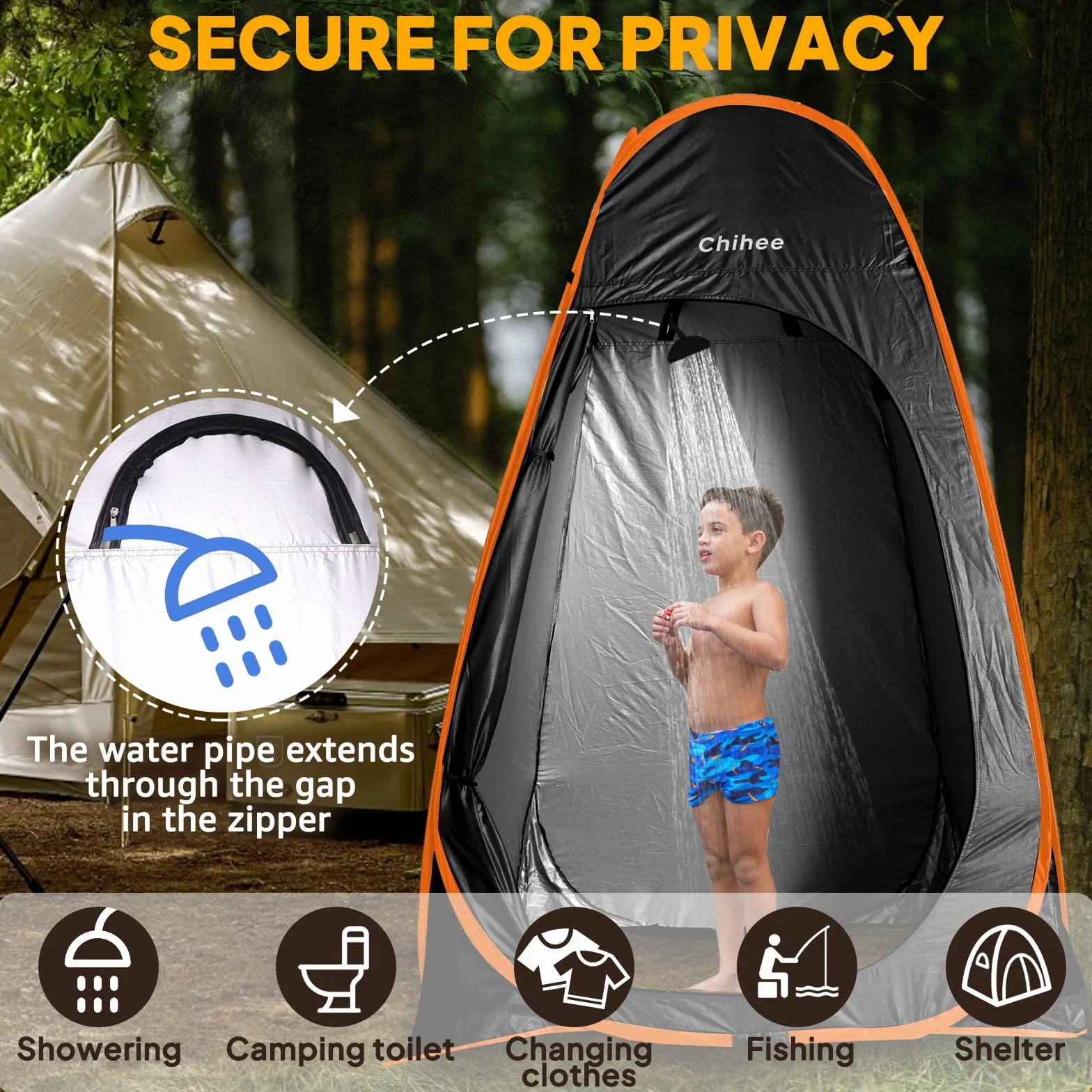 Chihee Pop Up Tienda de Baño Camping Portátil 1 Habitación Cabina Ducha Vestidor Plegable Negro