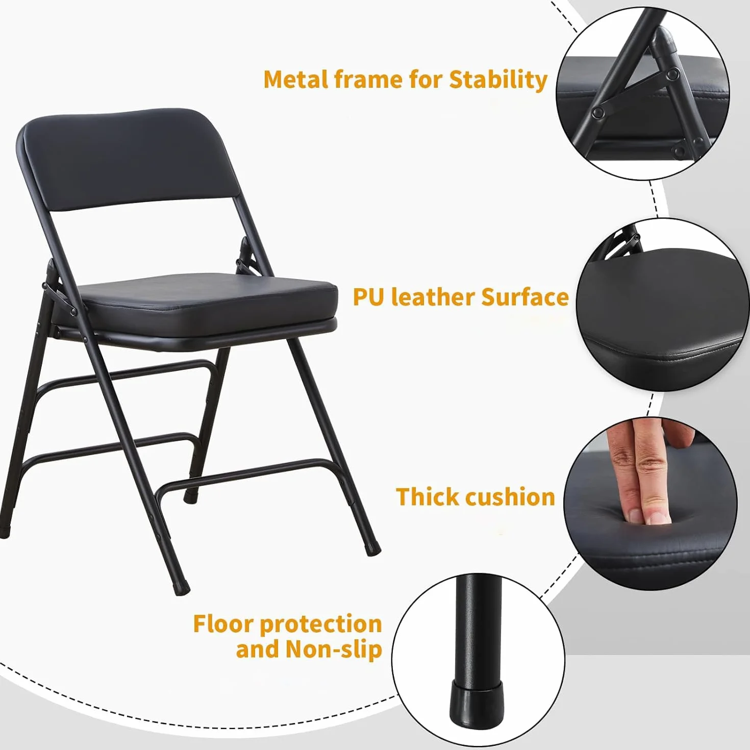 BOOSDEN Silla plegable acolchada, silla plegable con cojín grueso, silla plegable de metal resistente para exteriores e interiores, comedor y fiesta, color negro
