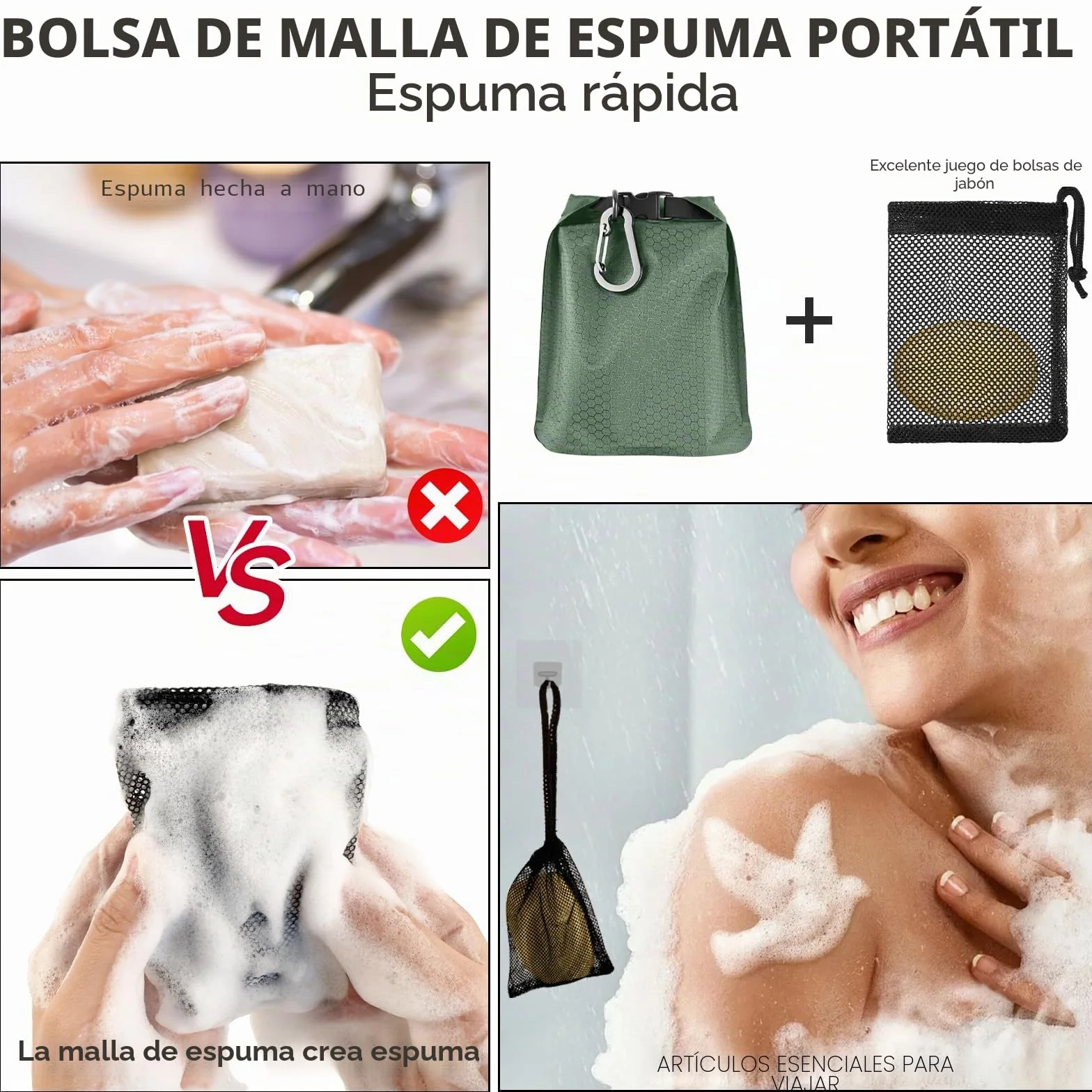Contenedor de Jabón de Viaje Bolsa de Jabón Jabonera a Prueba de Fugas con Bolsa de Malla para Enjabonar y Gancho Jabonera de Secado Rápido Adecuado para Acampar y Actividades al Aire Libre (Verde)