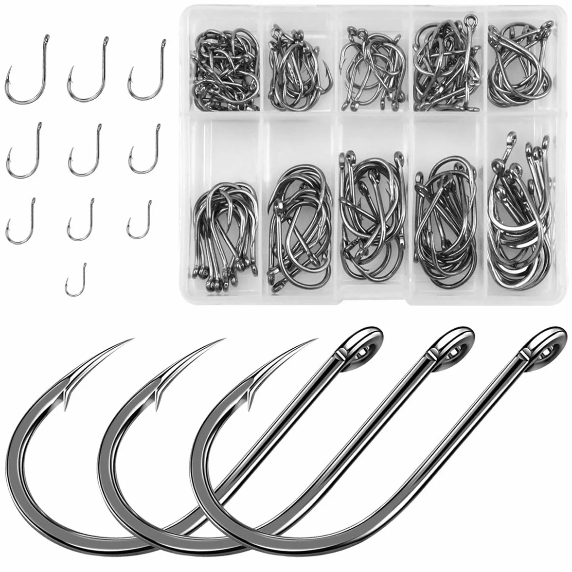 Anzuelos de Pesca 100 PCS 10 Tamaños Acero al Carbono con Caja 3# - 12#