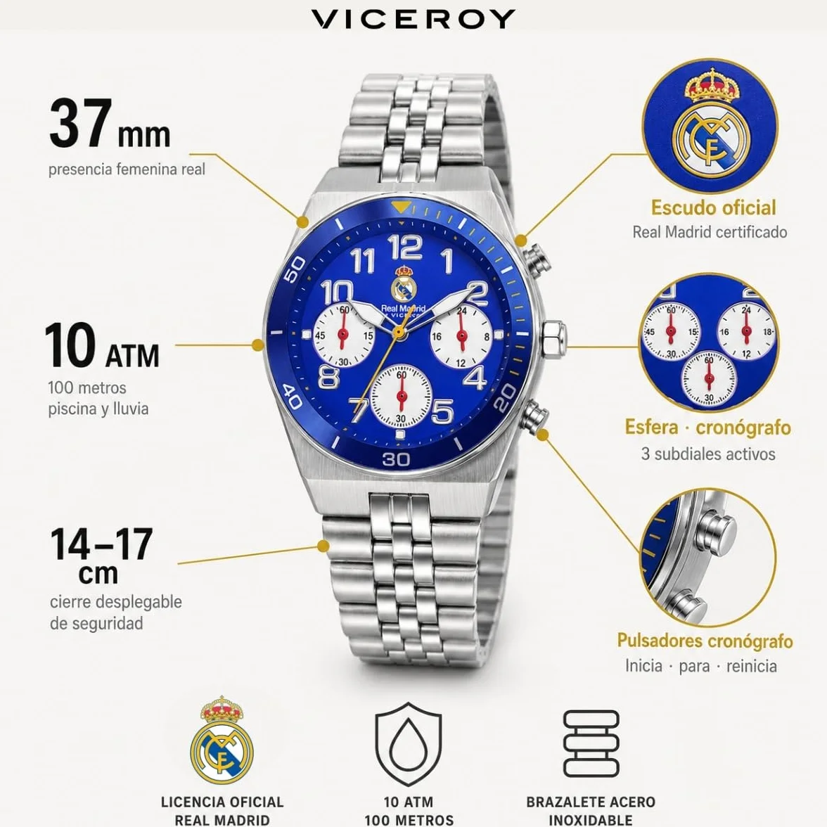 Viceroy Reloj Oficial Real Madrid para Mujer - Licencia Oficial - 37 mm - Esfera Azul - Resistente al Agua 10 ATM - Talla Cadete - Movimiento de Cuarzo – 41156-35