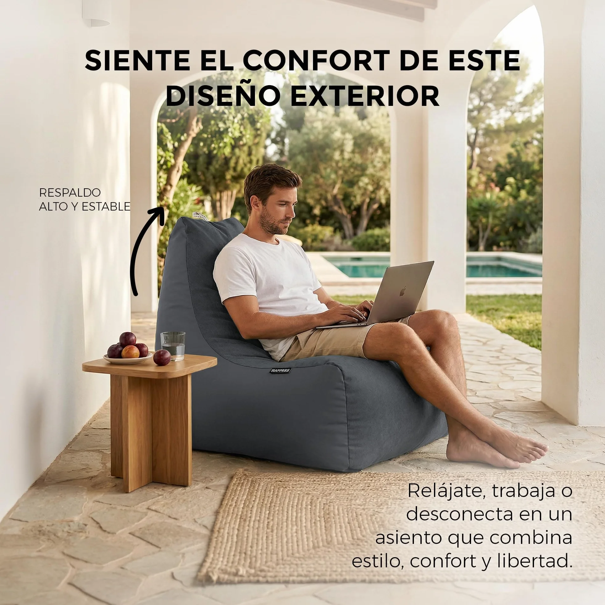 HAPPERS Puff Sillón Naylim Mate con Relleno Incluido para Exterior e Interior Transpirable y Resistente| Asiento Relax Ergonómico para Terraza, Jardín y Salón | 85x80x90 cm Gris