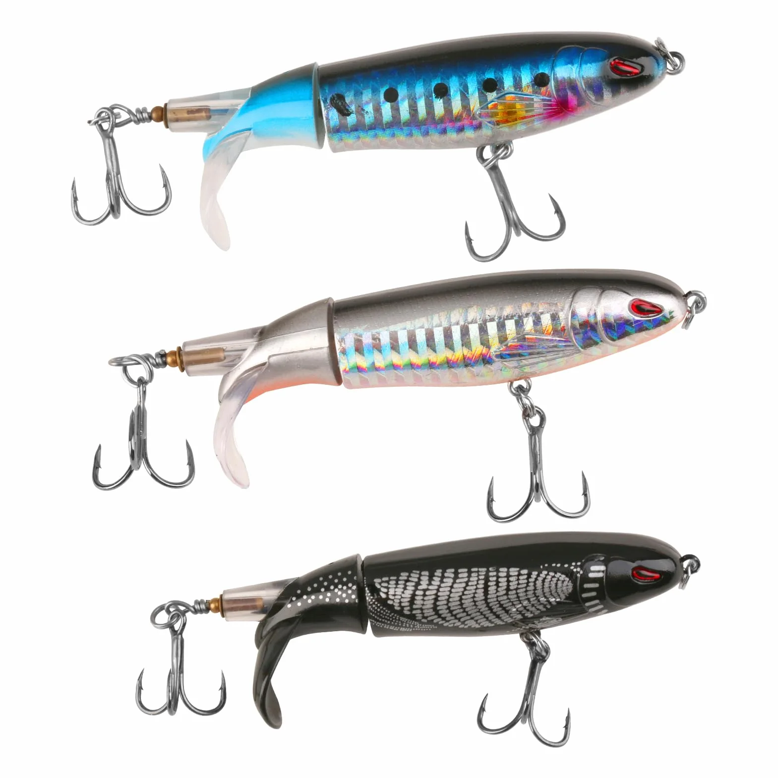 3 señuelos de pesca Topwater con anzuelos Pencil – Señuelos para bass, catfish, pike y perch – Señuelo flotante de agua salada o dulce con hélice de cola