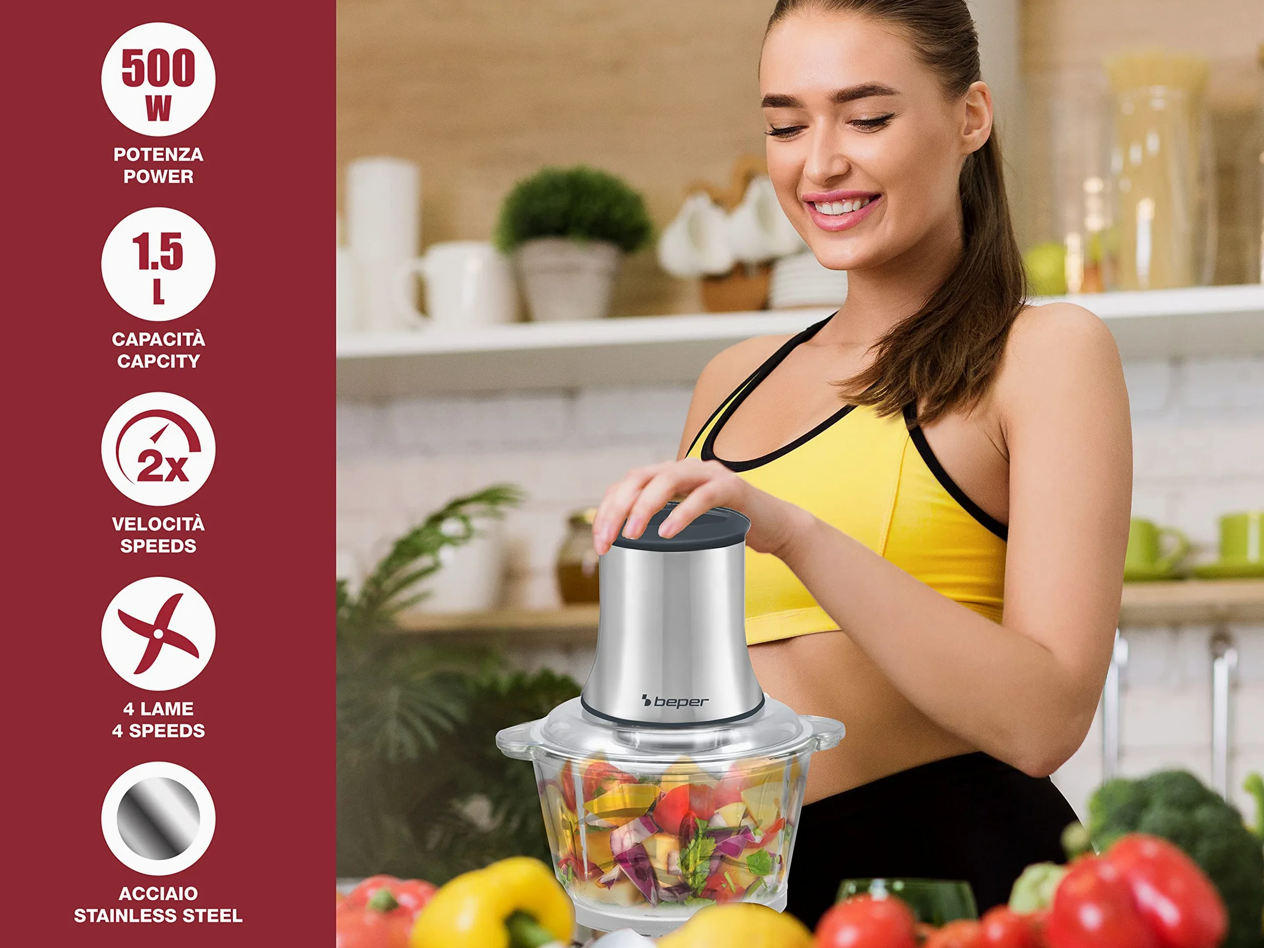 BEPER P102ROB001 Picador de vidrio, Recipiente de vidrio, Cuerpo Abs, Doble par de cuchillas de acero, 2 velocidades, Base antideslizante, Capacidad 1.5L, Gris/Negro