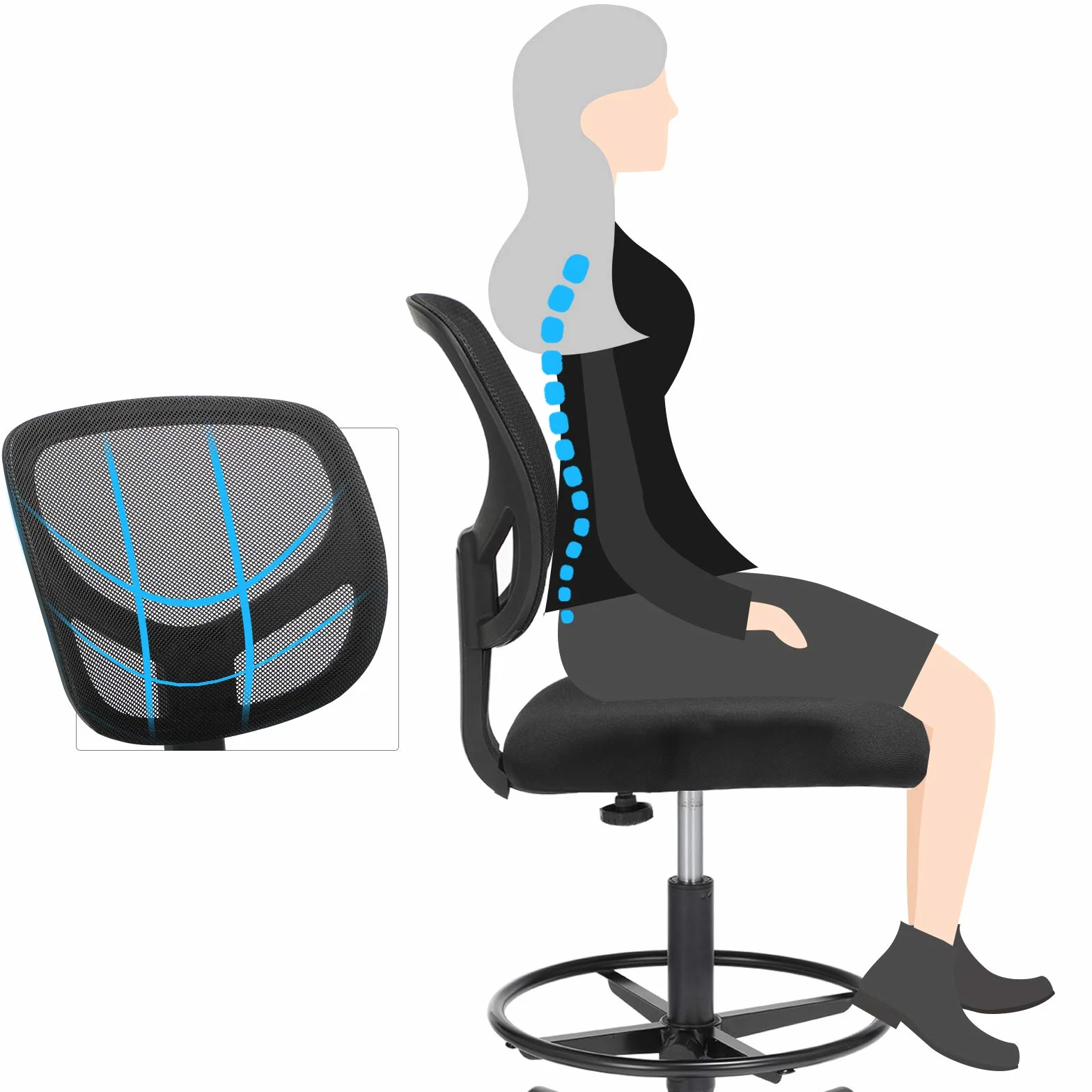 SONGMICS Silla de Malla Giratoria, Altura y Reposapiés Regulables, Silla de Dibujo Ergonómica, Silla de Oficina sin Reposabrazos, Asiento de Tela, Carga máxima de 120 kg, Negro OBN15BK