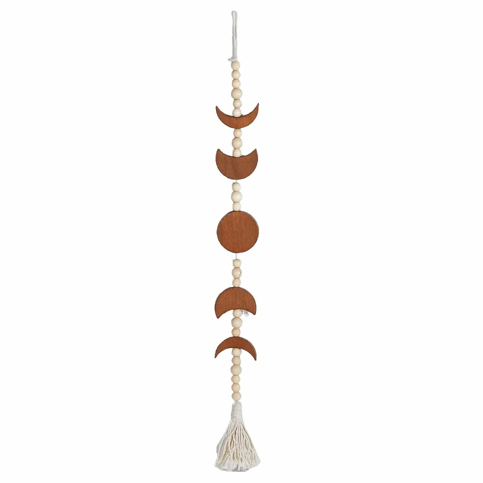 SUPERFINDINGS Colgante de Pared de Fase Lunar de Camello con Cuentas Guirnalda de Borlas de Estilo Étnico Bohemio Decoración de Pared Plana de Madera