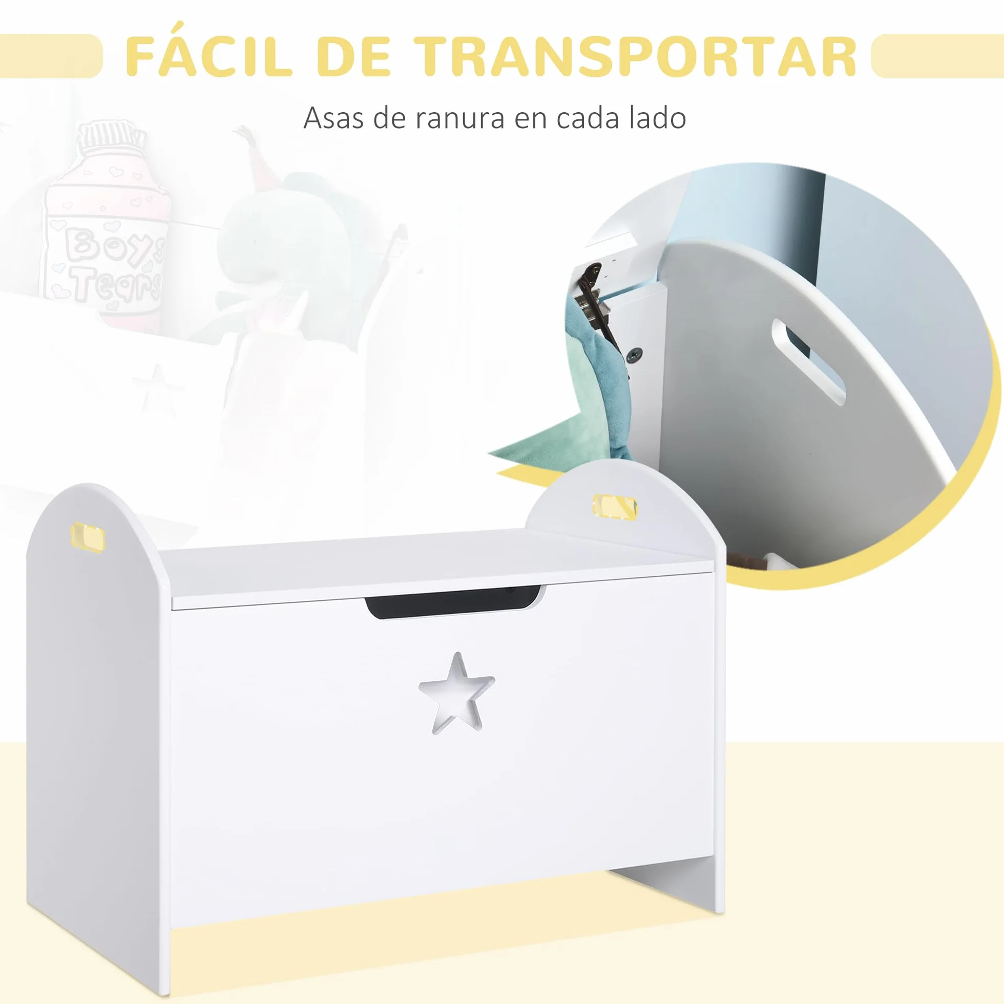 HOMCOM Baúl de Almacenaje Organizador de Juguete de Niño Tapa Reversible Diseño con Seguridad 62x40x46,5 cm Amplio Espacio Carga 20 kg Blanco