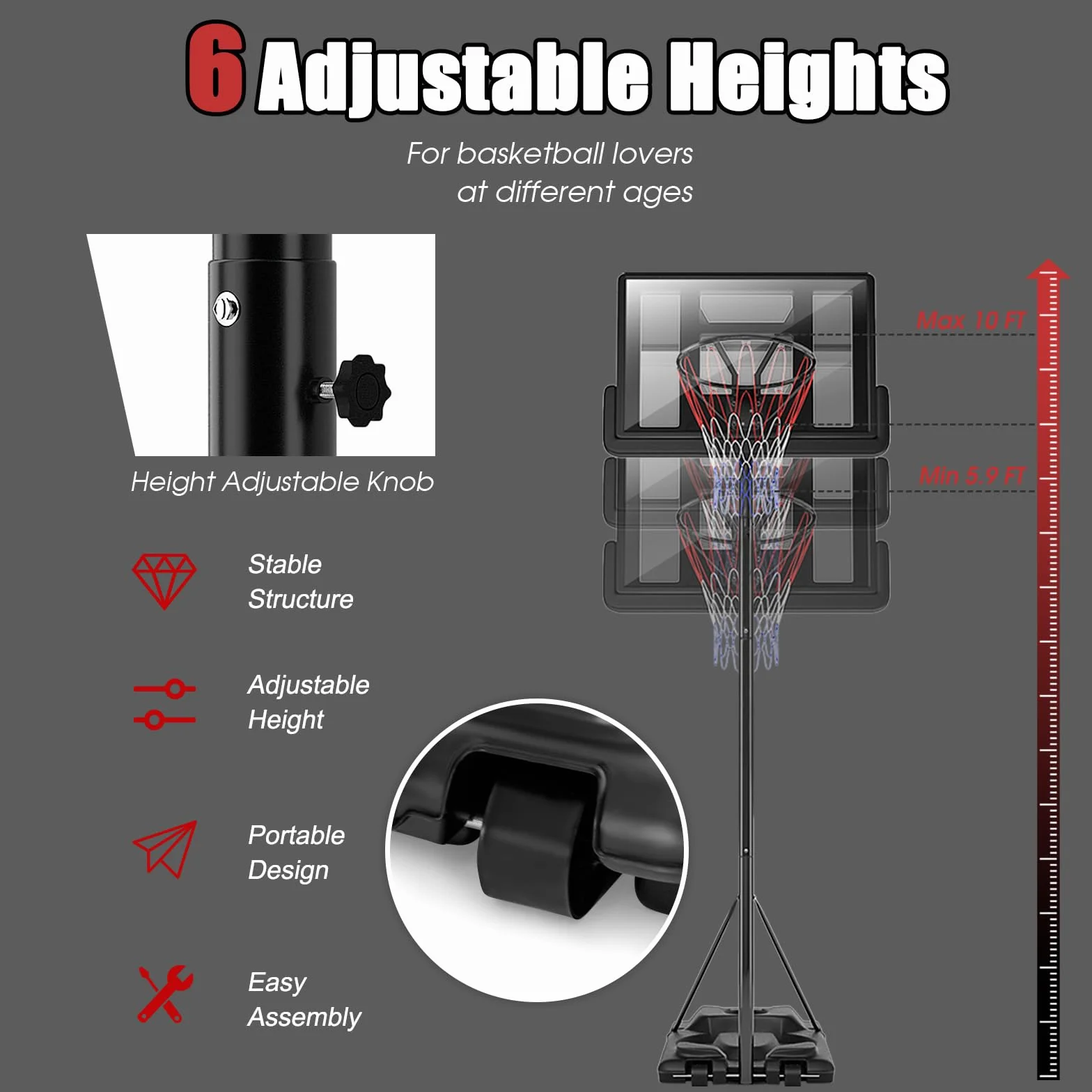 Canasta de Baloncesto Ajustable 180-305 cm, Soporte Portátil con Base Rellenable y Ruedas para Niños y Adultos