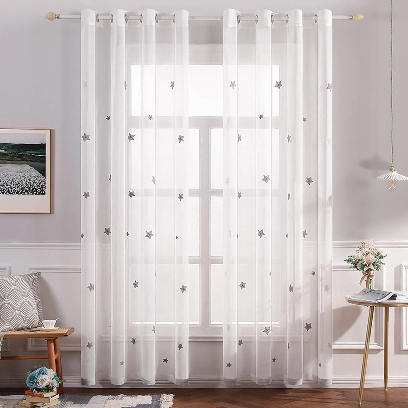 MIULEE Cortina Visillo Bordado Translucido 140x145cm Gris 2 Hojas