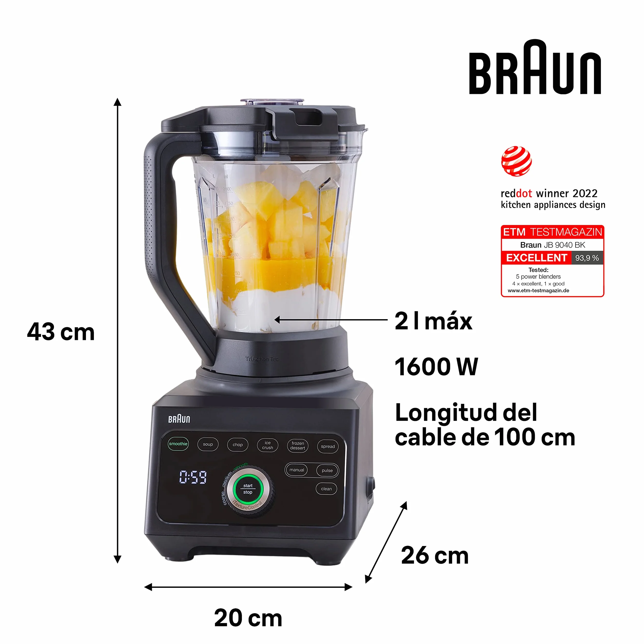 Braun Batidora PowerBlend JB 9040 de Válvula Triangular, 10 Ajustes de Velocidad Manual + Botón Pulse, Motor de 1600W, Vaso de 2L, Fácil de Limpiar, Negra